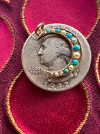 antique seed pearl and turquoise crescent moon // pin conversion