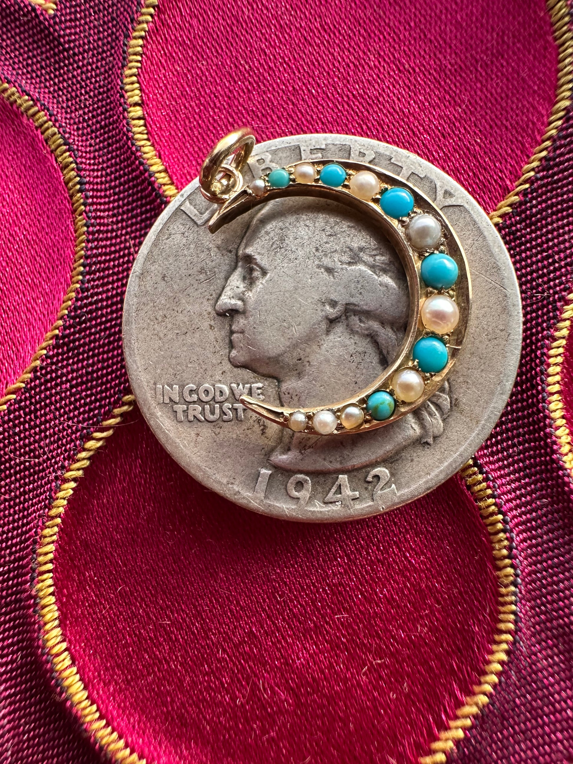 antique seed pearl and turquoise crescent moon // pin conversion
