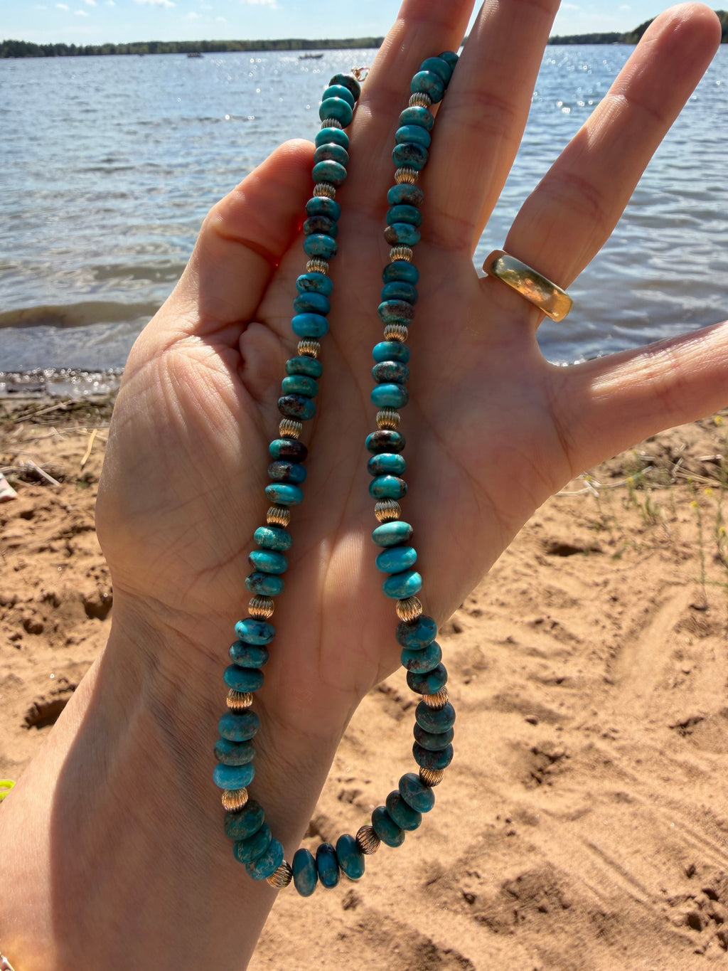 hand strung natural turquoise and vintage gold beads