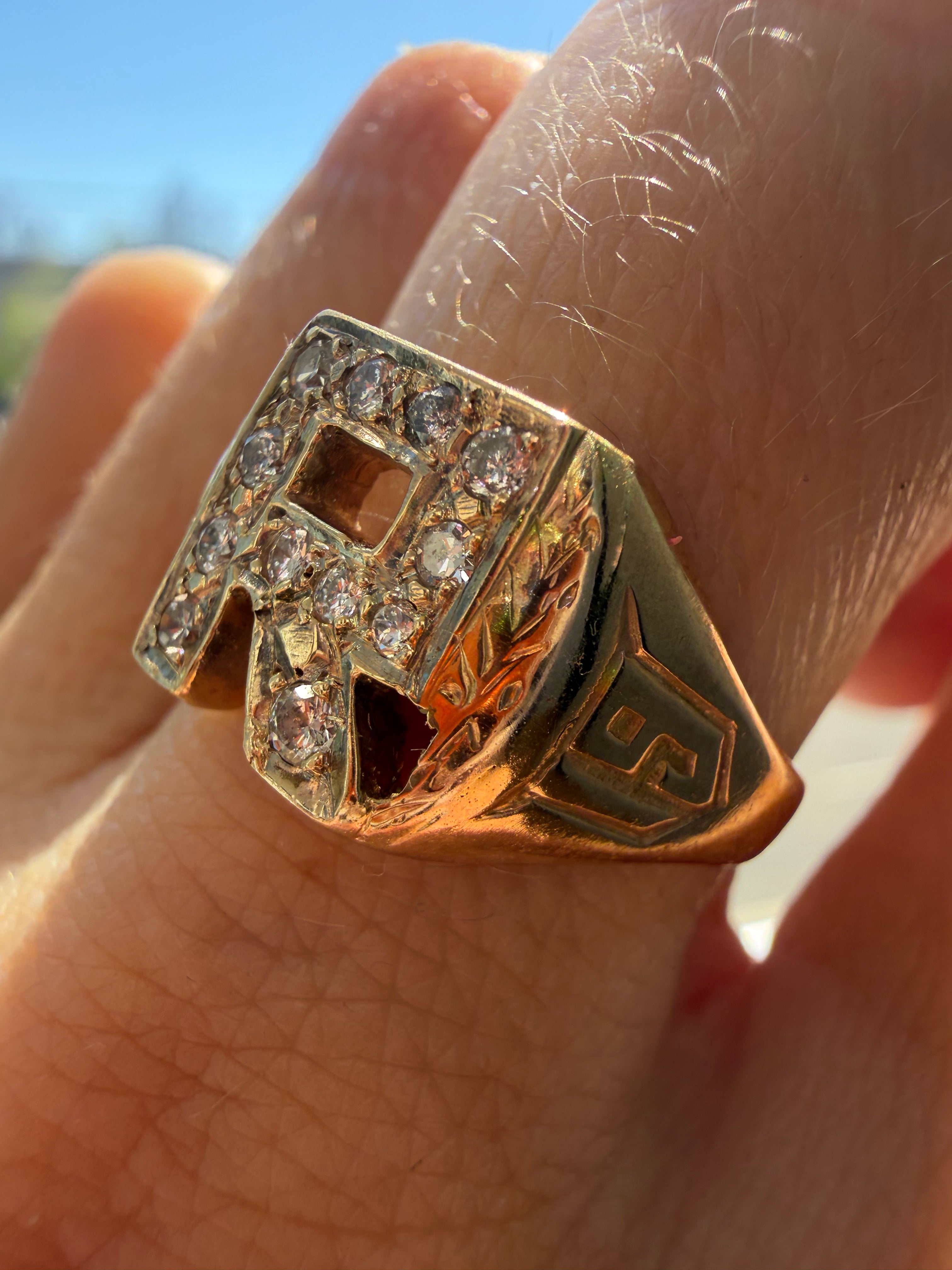 1928 diamond R signet ring