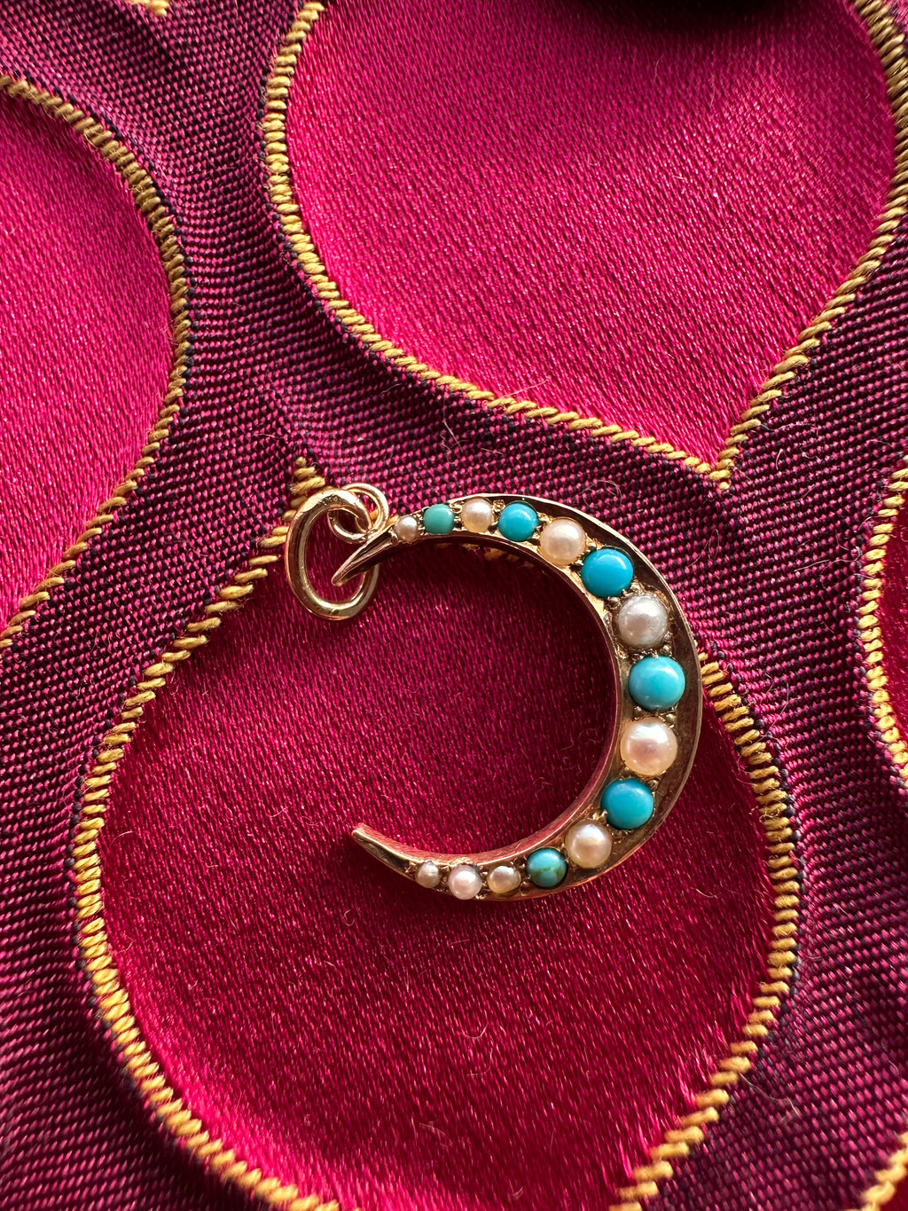 antique seed pearl and turquoise crescent moon // pin conversion