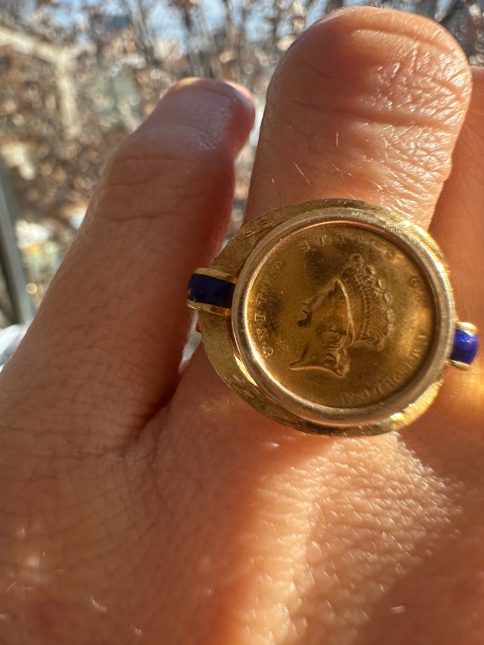 18k gold and blue enamel coin ring