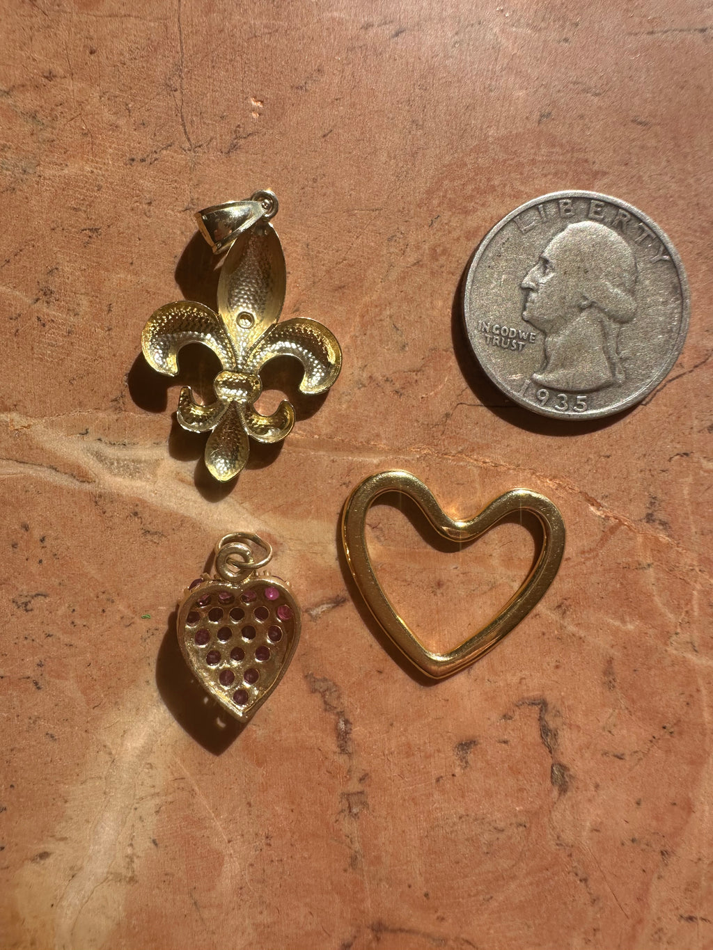 ruby heart, 18k gold open heart and fleur de lis charms