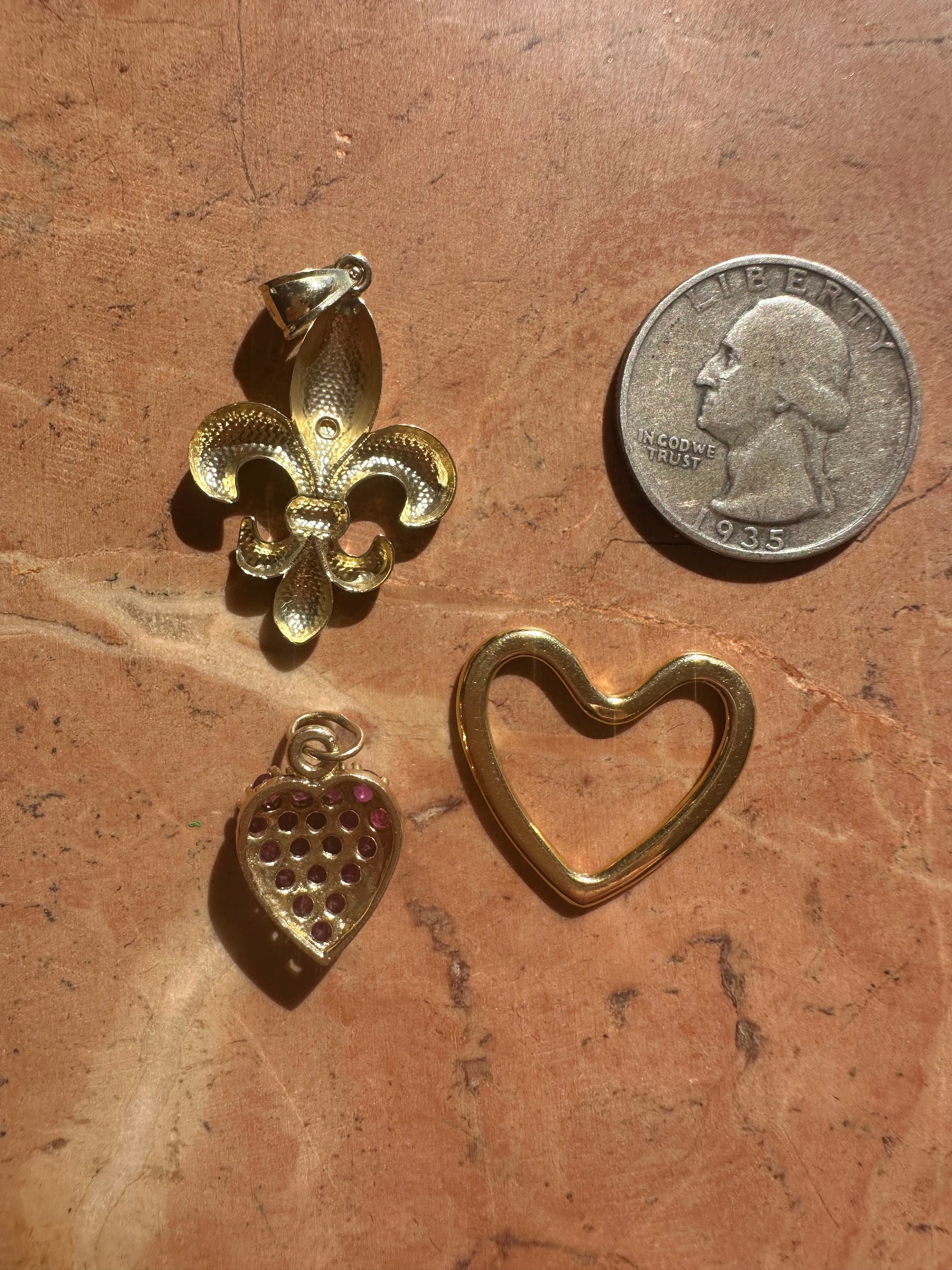 ruby heart, 18k gold open heart and fleur de lis charms