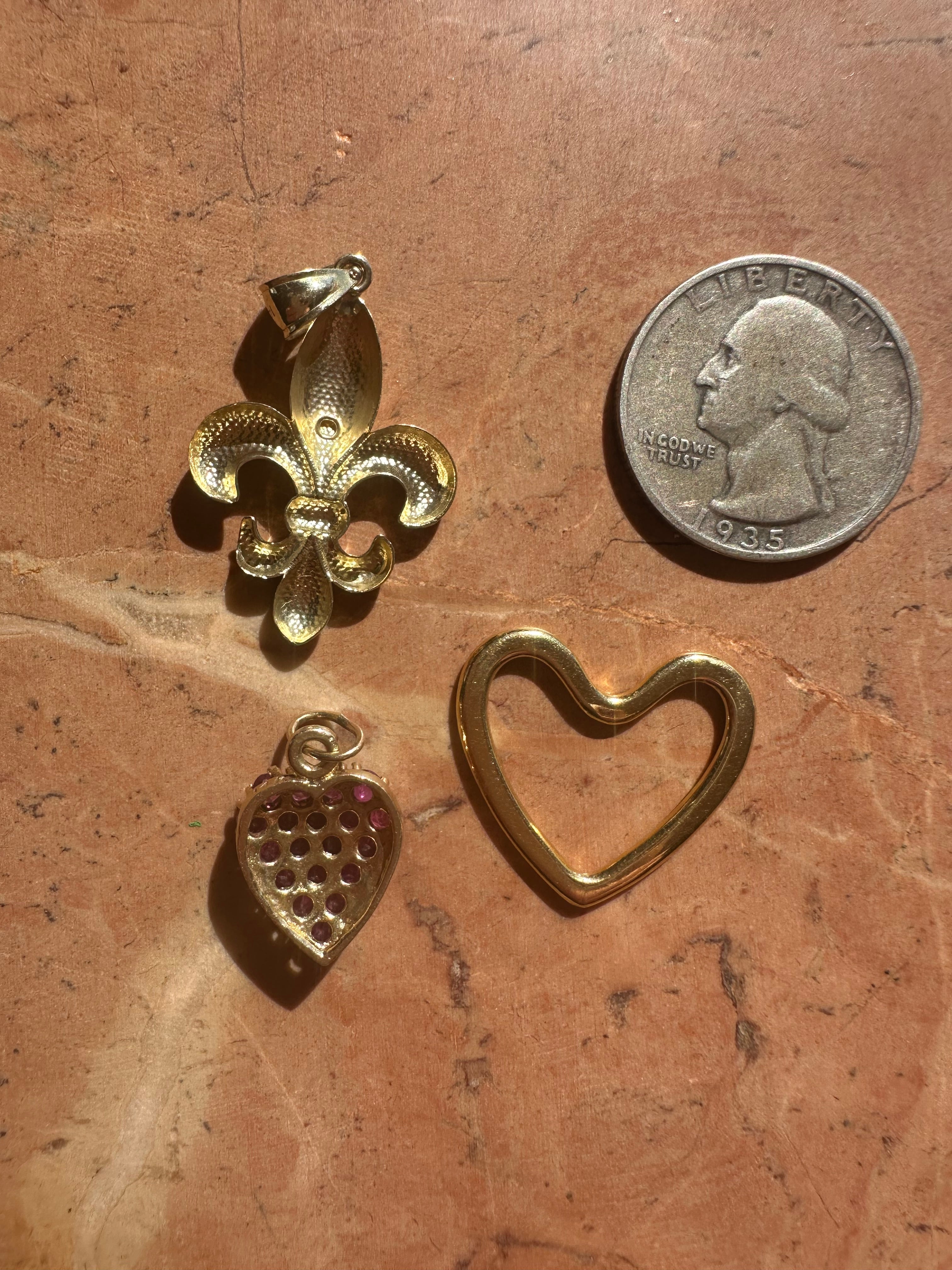 ruby heart, 18k gold open heart and fleur de lis charms