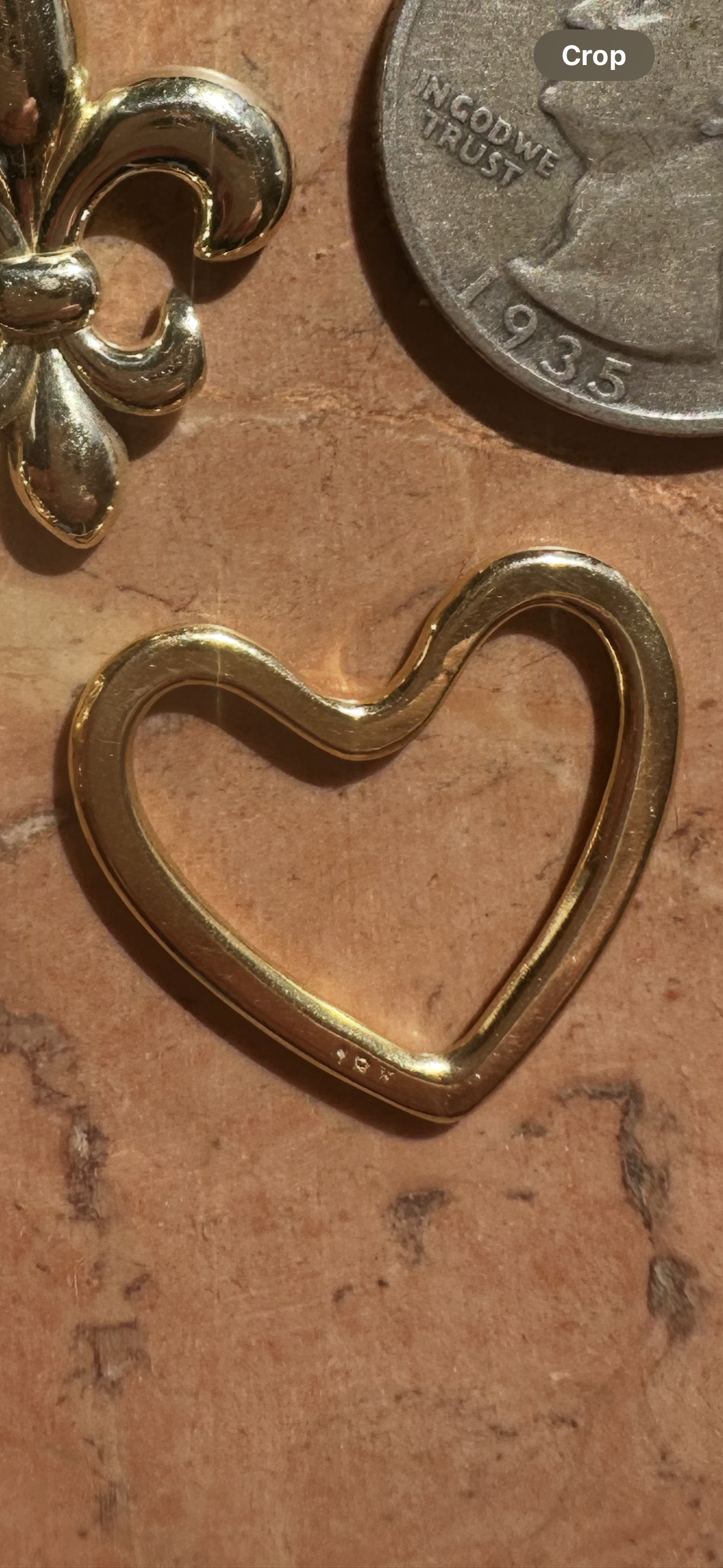 ruby heart, 18k gold open heart and fleur de lis charms