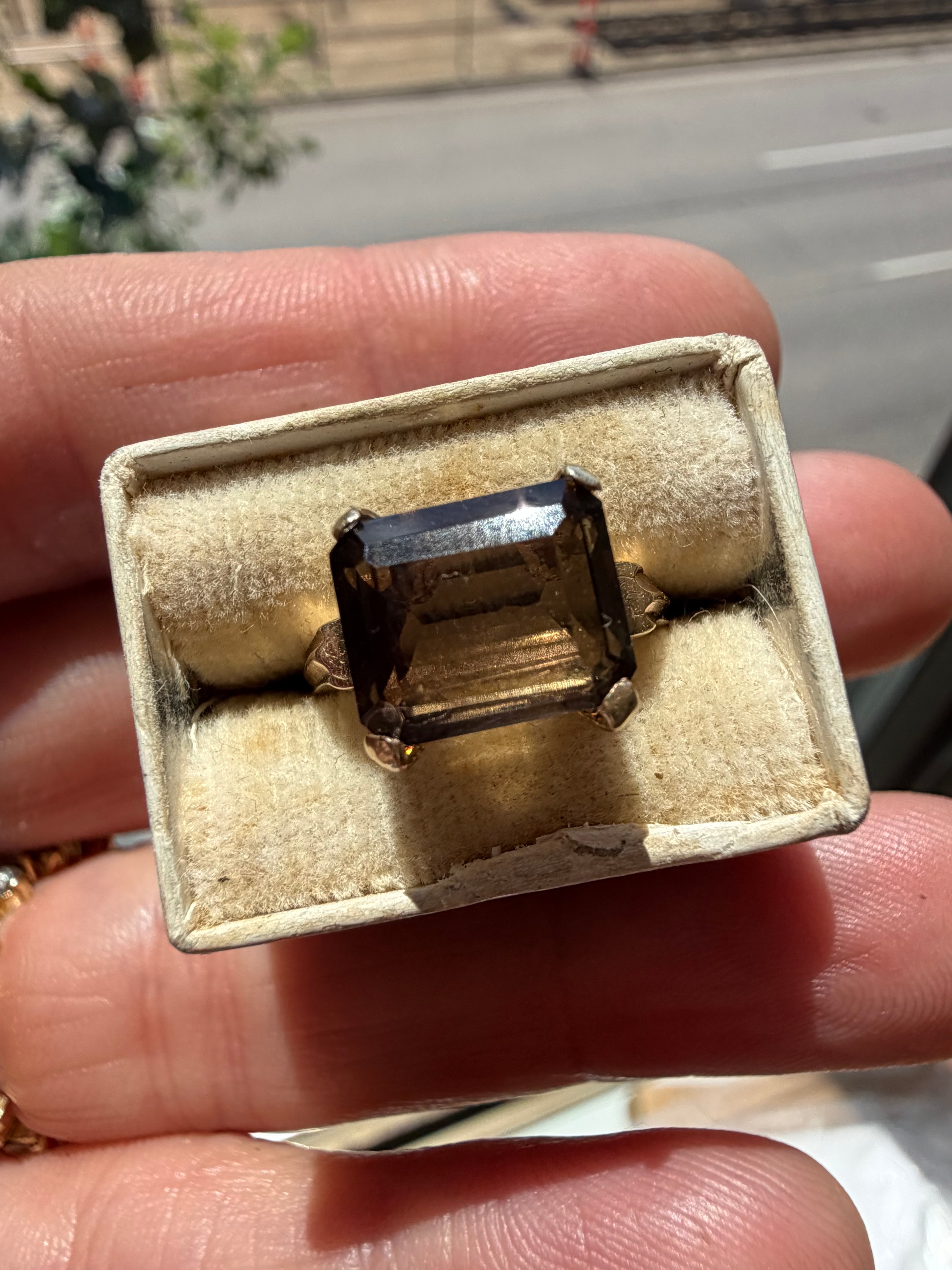 smoky quartz east west emerald cut ring