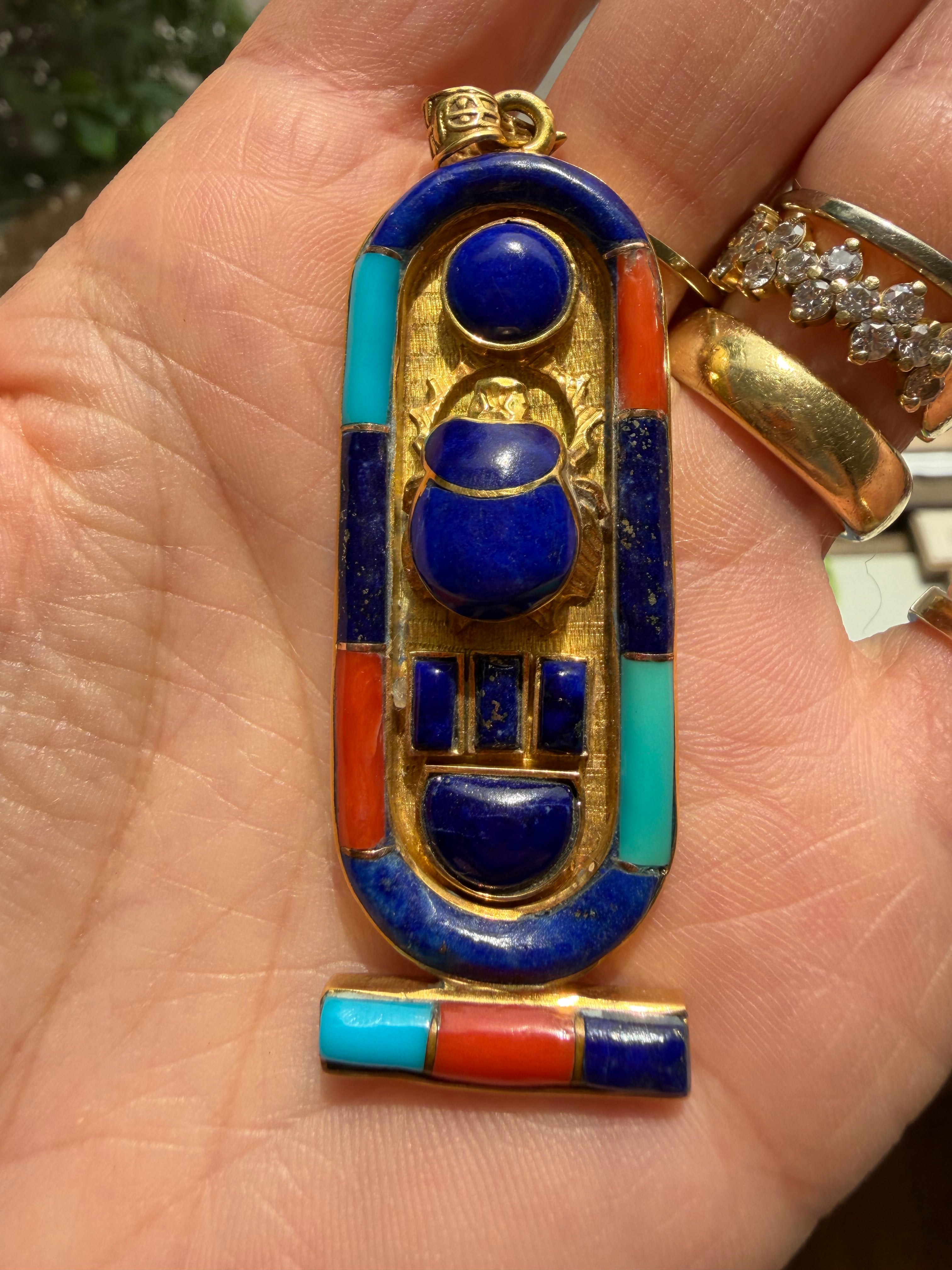vintage Egyptian cartouche with turqouise, coral and lapis