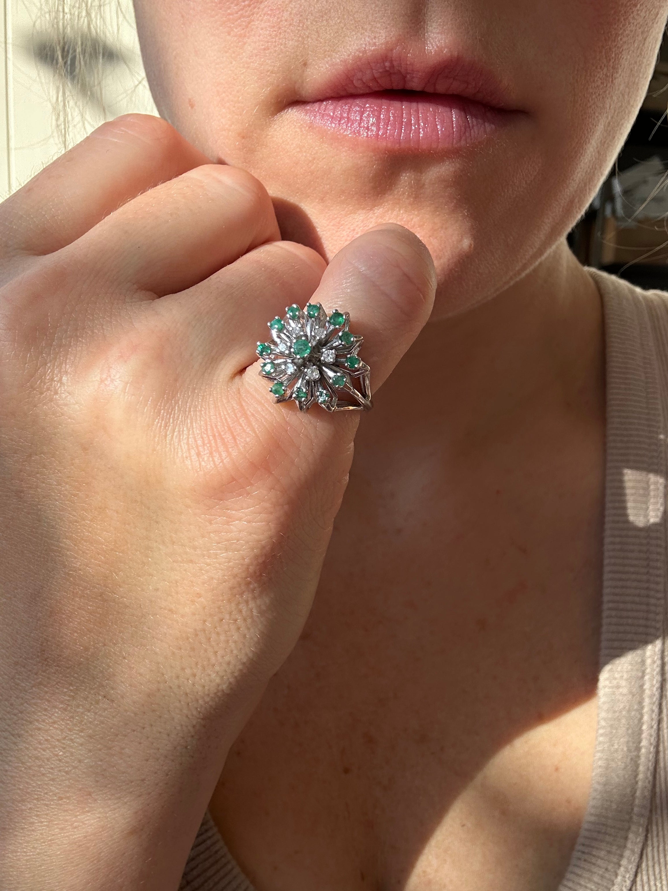 emerald and diamond burst ring