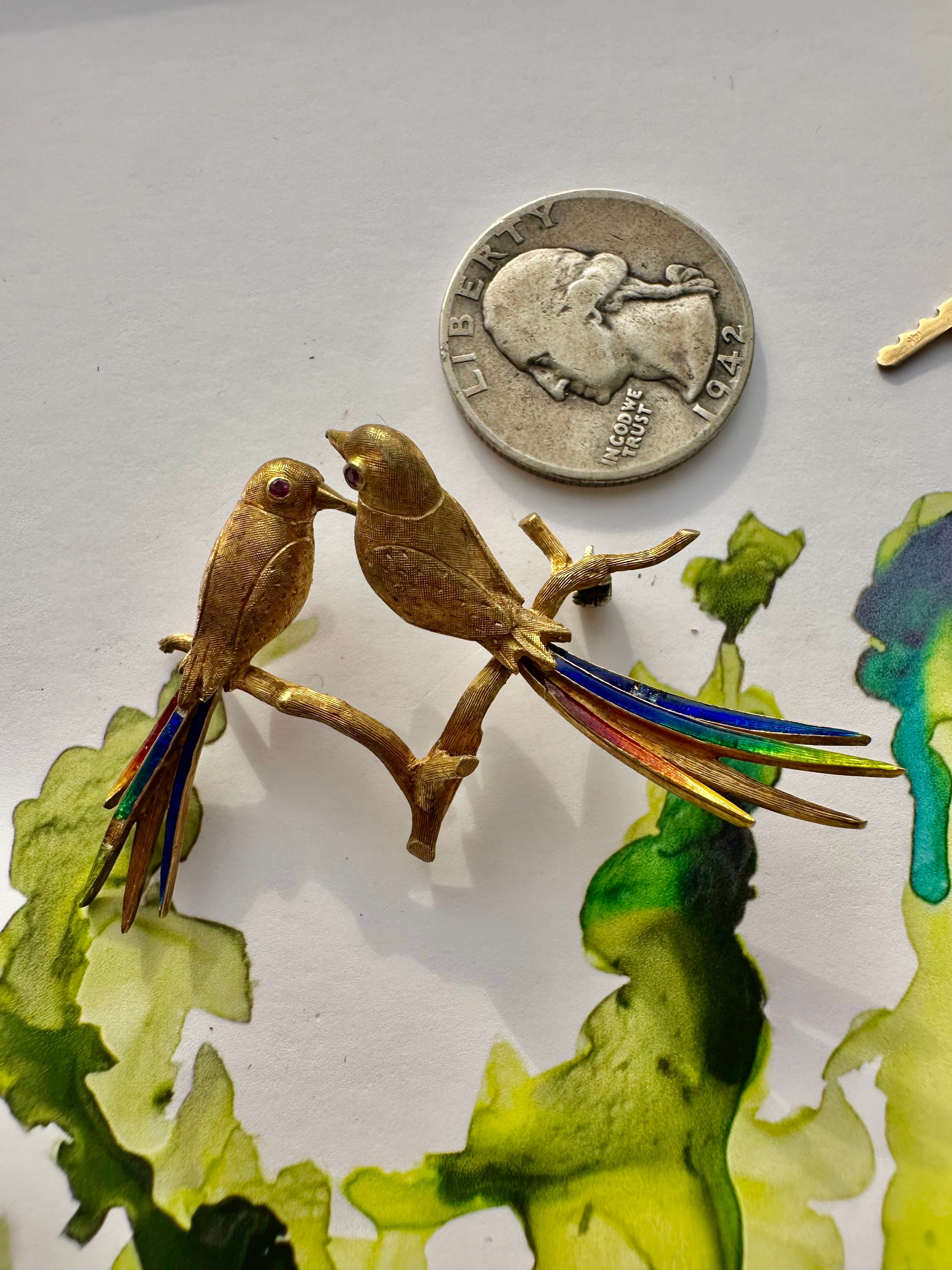 vintage Merrin lovebirds pin