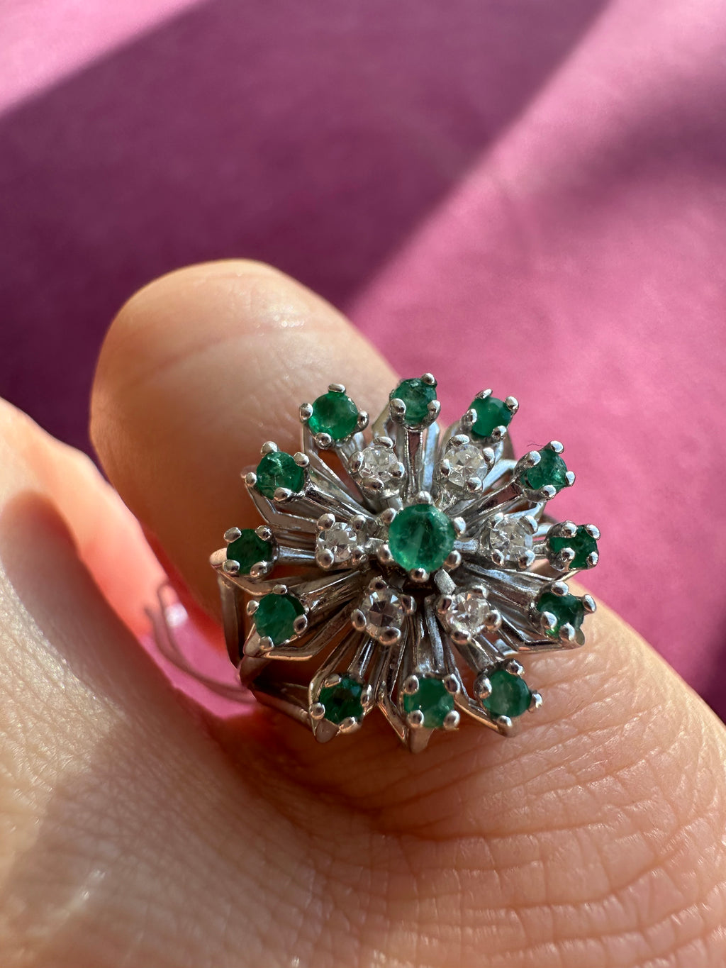 emerald and diamond burst ring