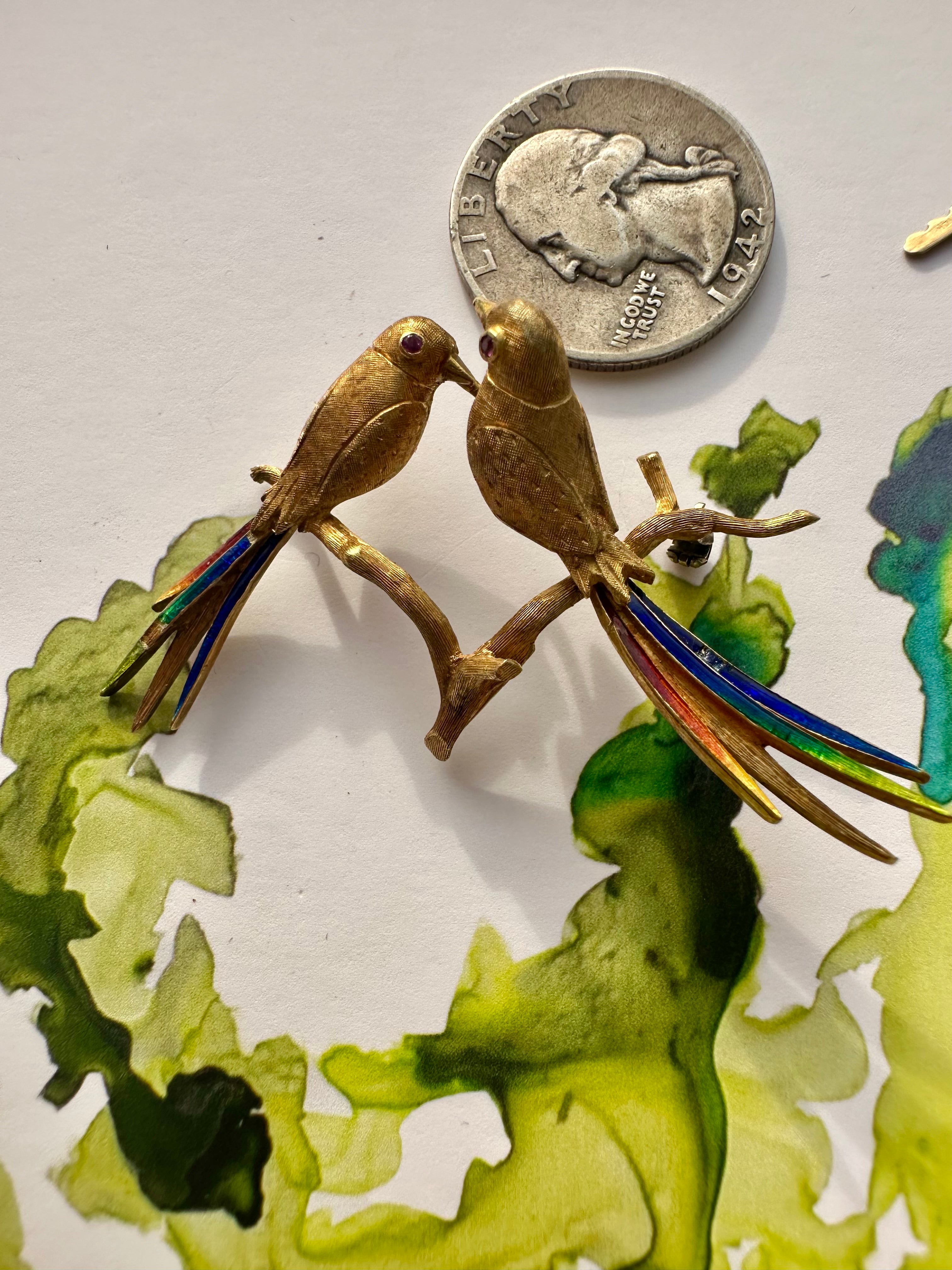 vintage Merrin lovebirds pin