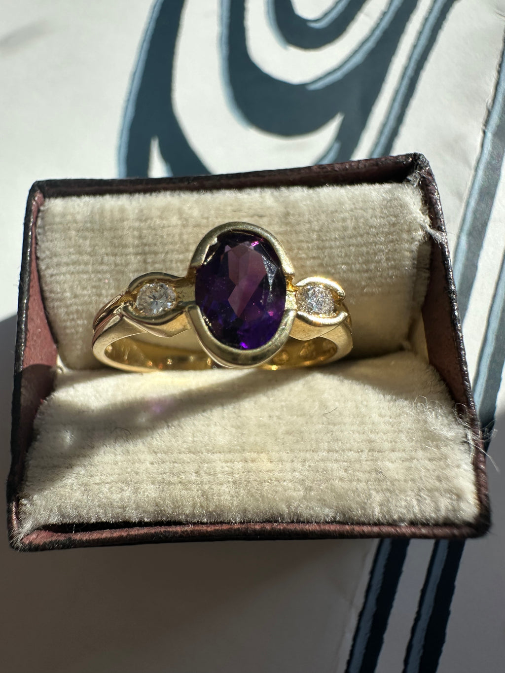 bezel set amethyst and diamond ring