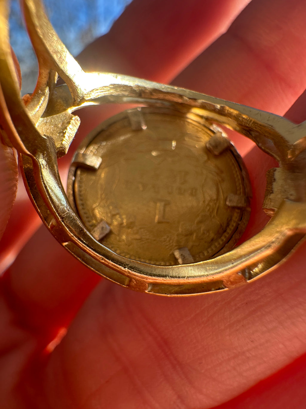 18k gold and blue enamel coin ring