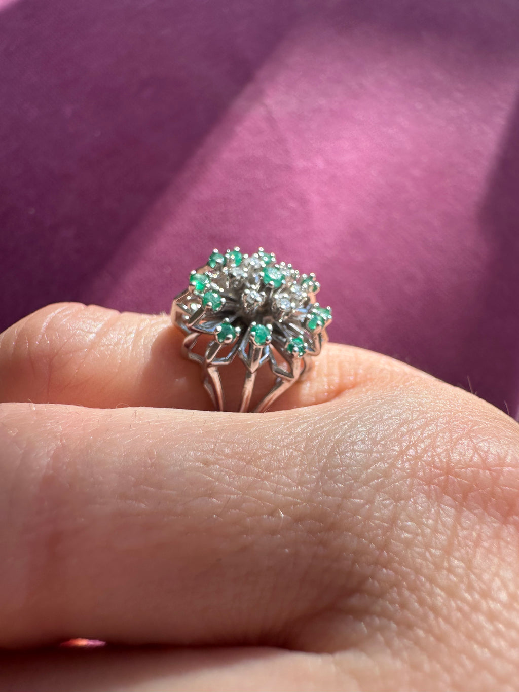 emerald and diamond burst ring