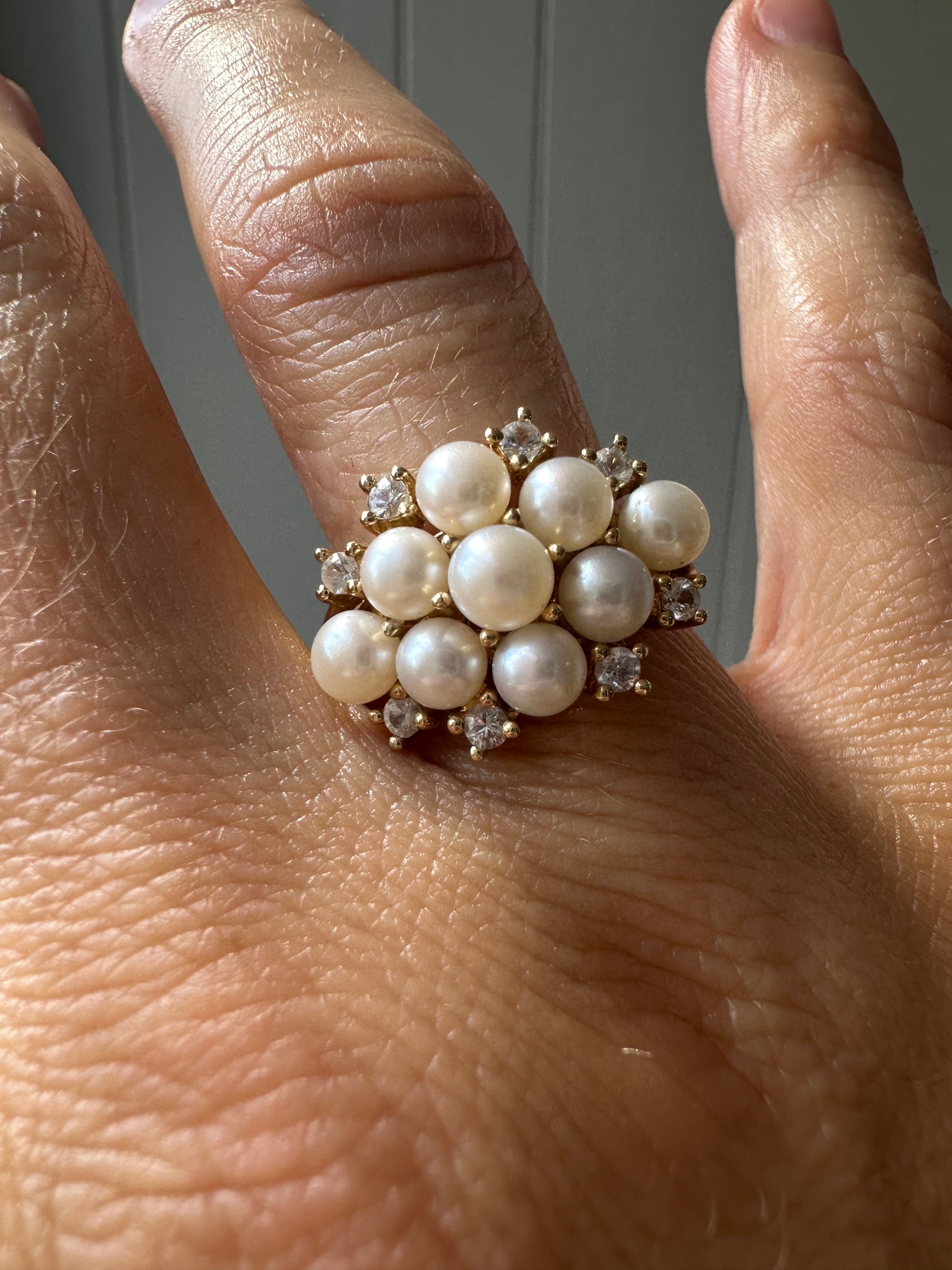 pearl and white sapphire cluster ring