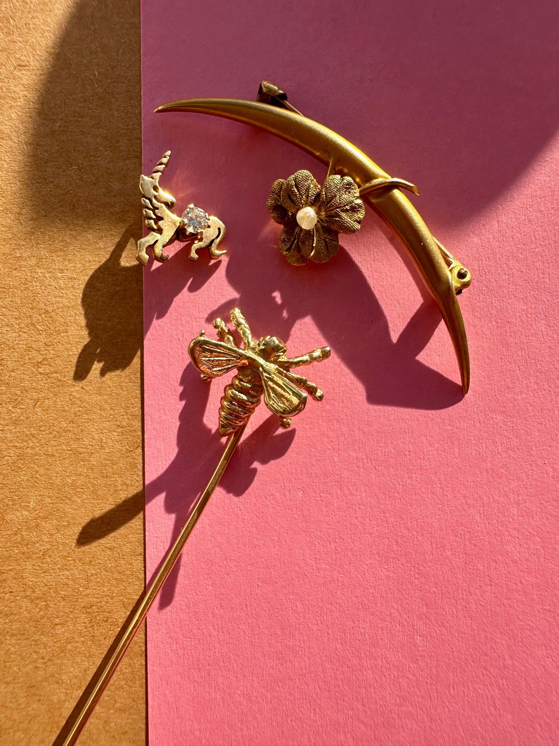 bee stick pin / antique crescent + pansy / unicorn