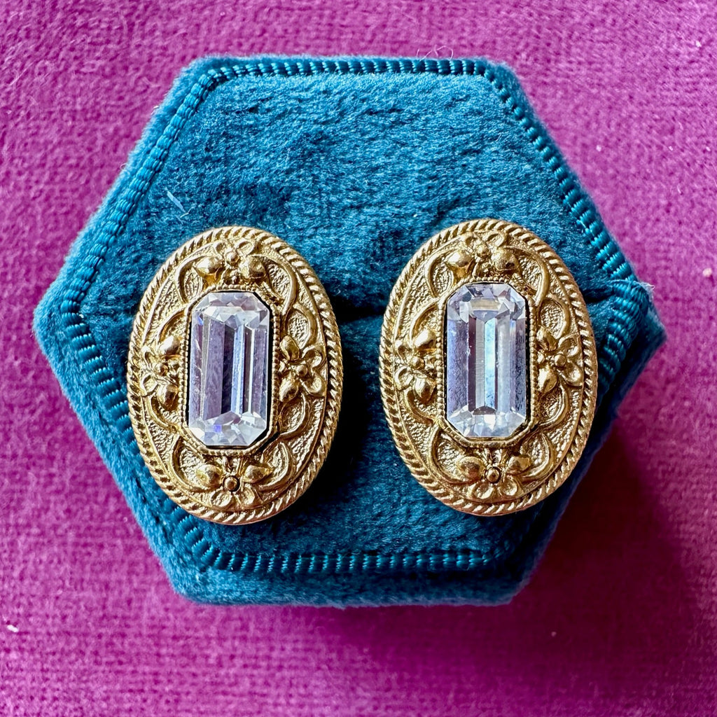 Classic vintage gold plated oval crystal earrings
