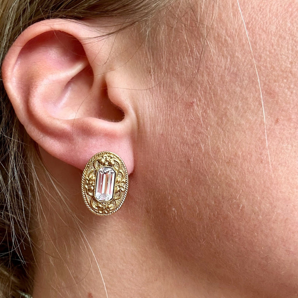 Classic vintage gold plated oval crystal earrings