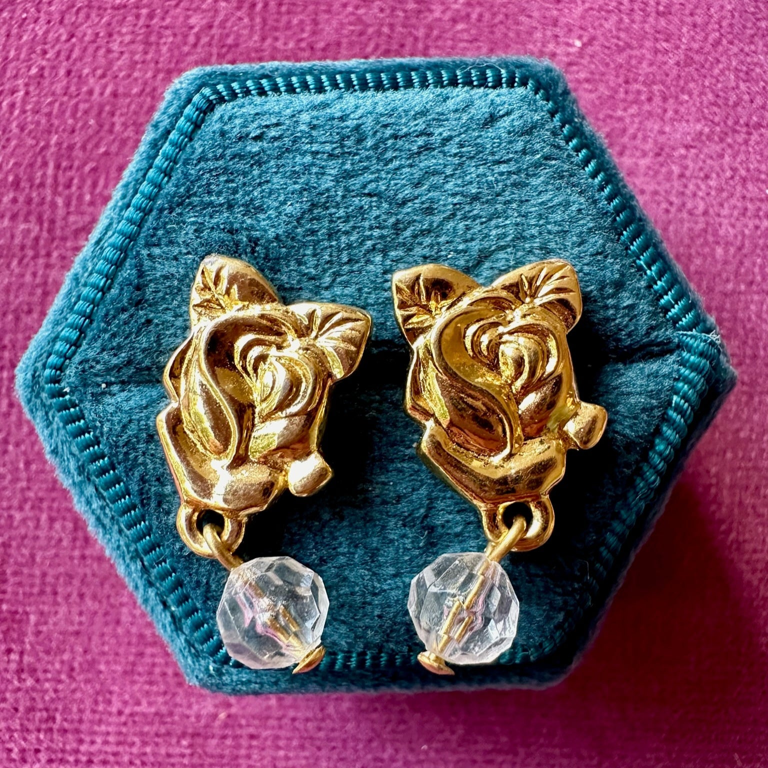 Vintage gold plated rose earrings with drop crystal studs