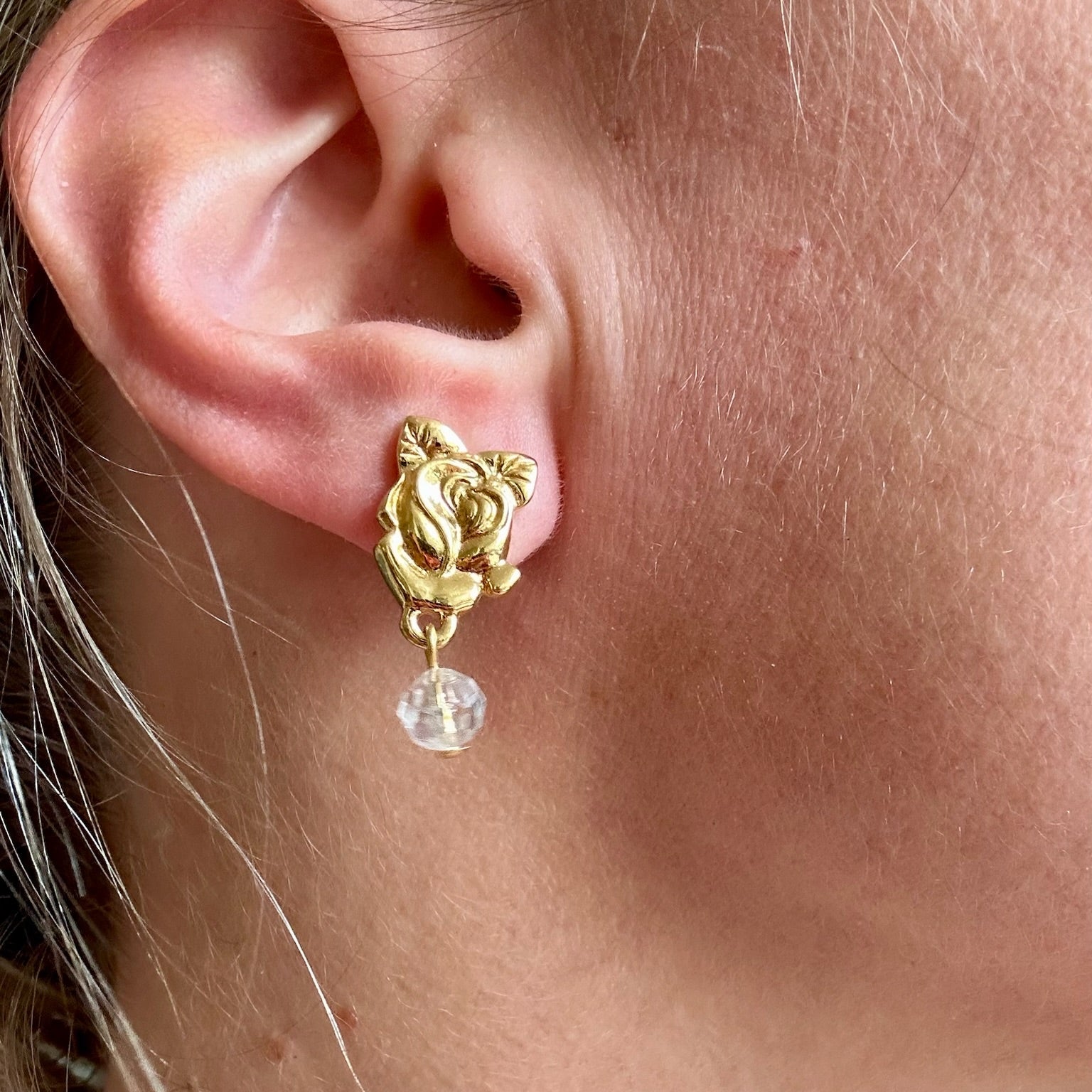 Vintage gold plated rose earrings with drop crystal studs
