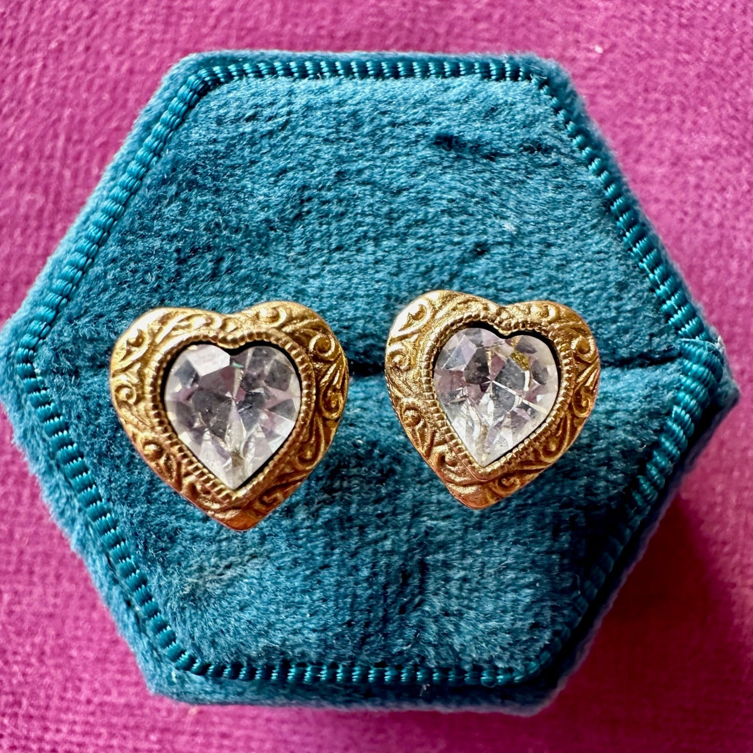 Perfect vintage gold plated engraved crystal heart studs