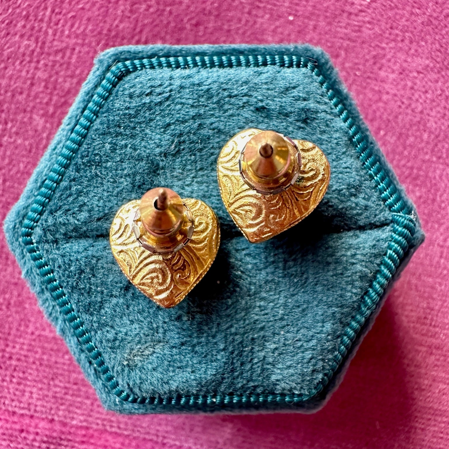 Perfect vintage gold plated engraved crystal heart studs