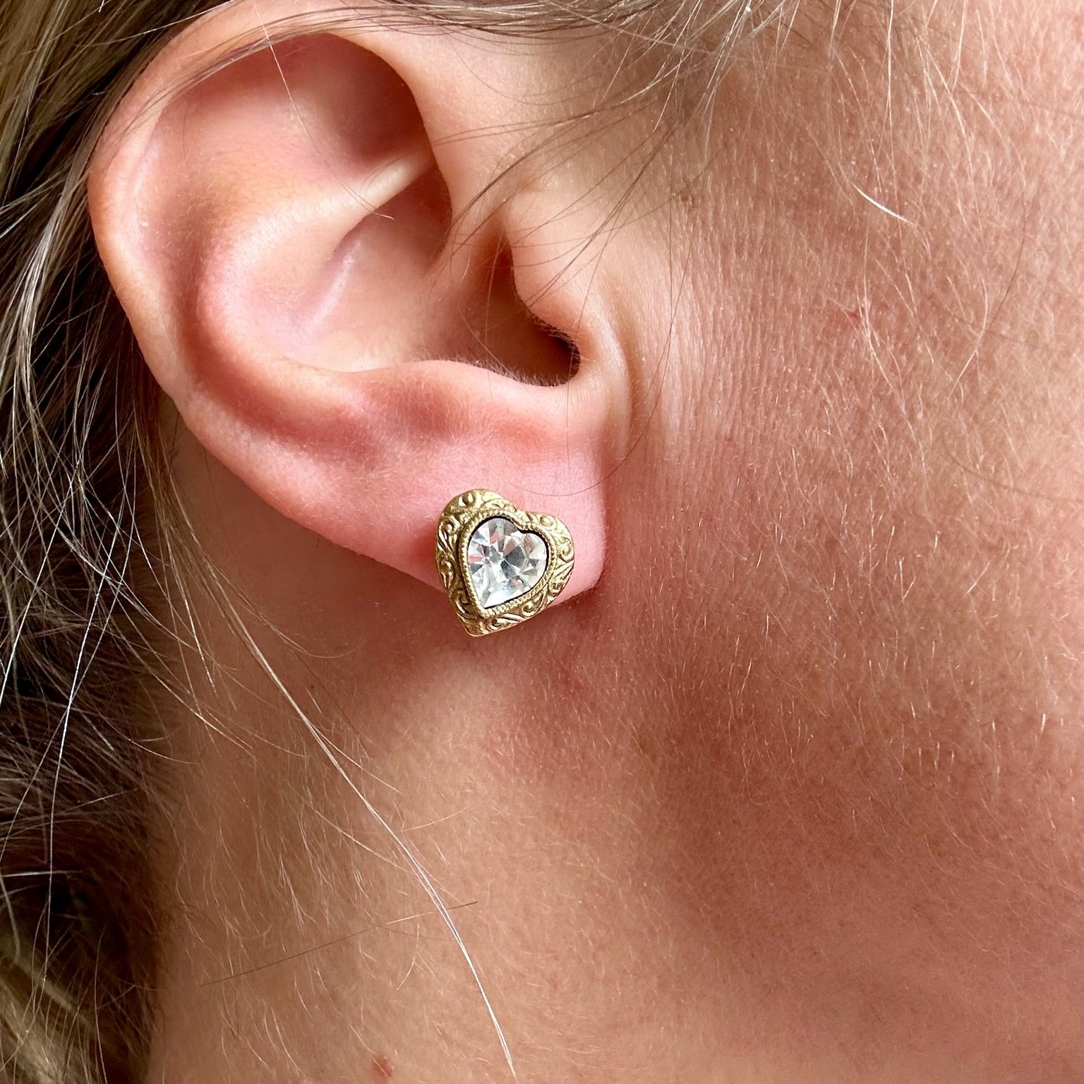 Perfect vintage gold plated engraved crystal heart studs