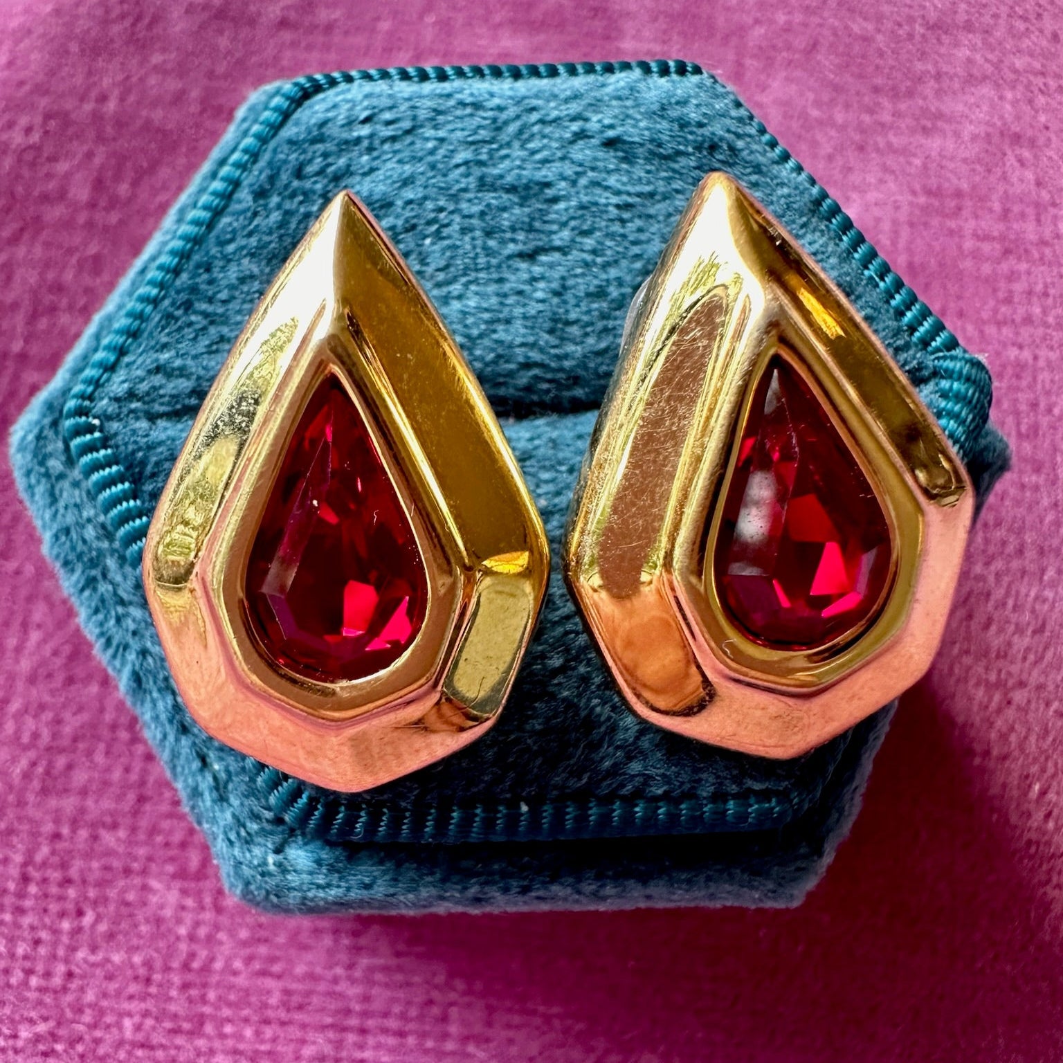 Vintage gold plated red crystal teardrop earrings