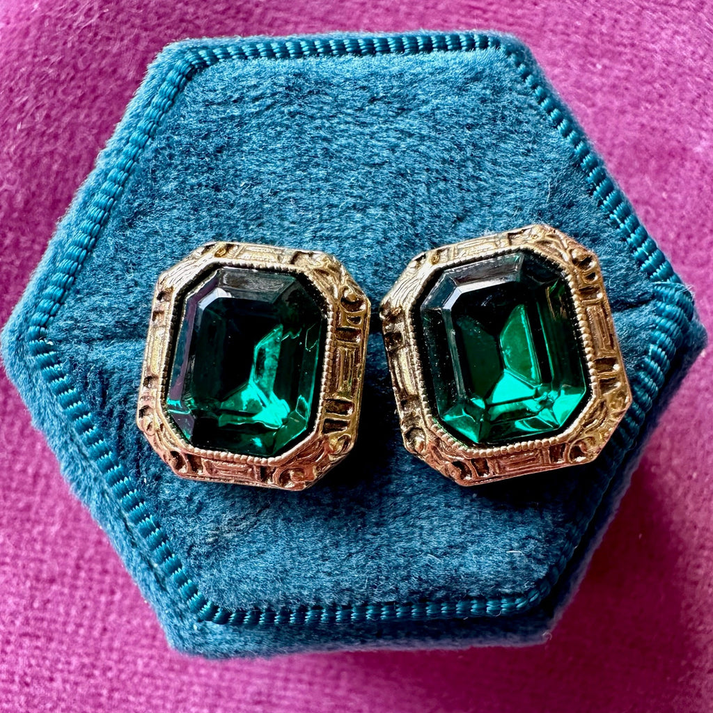 Bold vintage gold plated green crystal octagon earrings