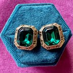 Bold vintage gold plated green crystal octagon earrings