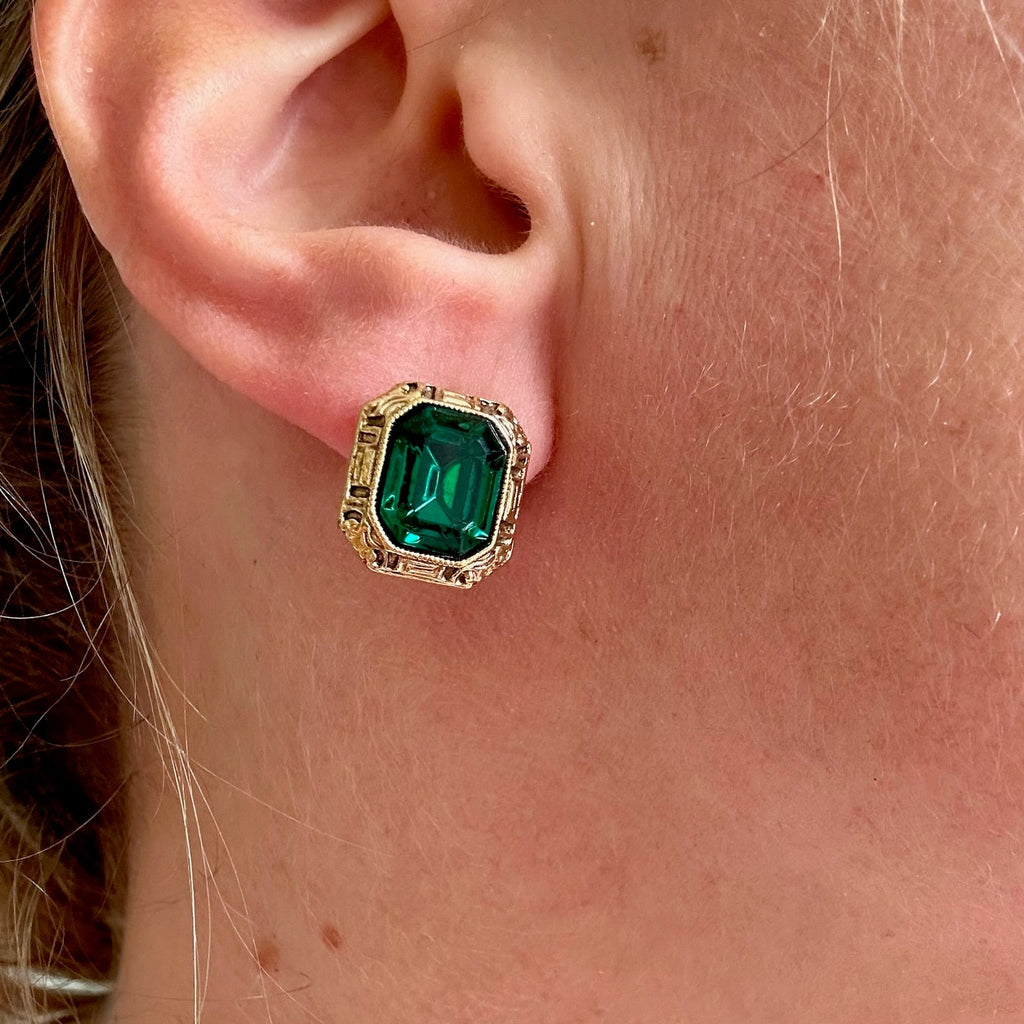 Bold vintage gold plated green crystal octagon earrings