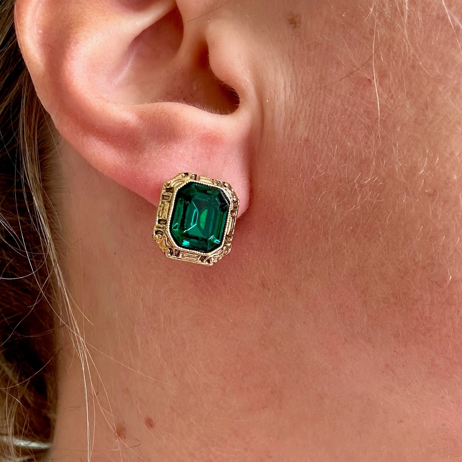 Bold vintage gold plated green crystal octagon earrings