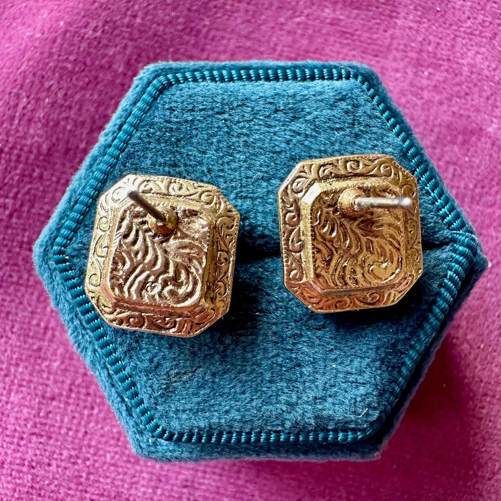 Bold vintage gold plated green crystal octagon earrings