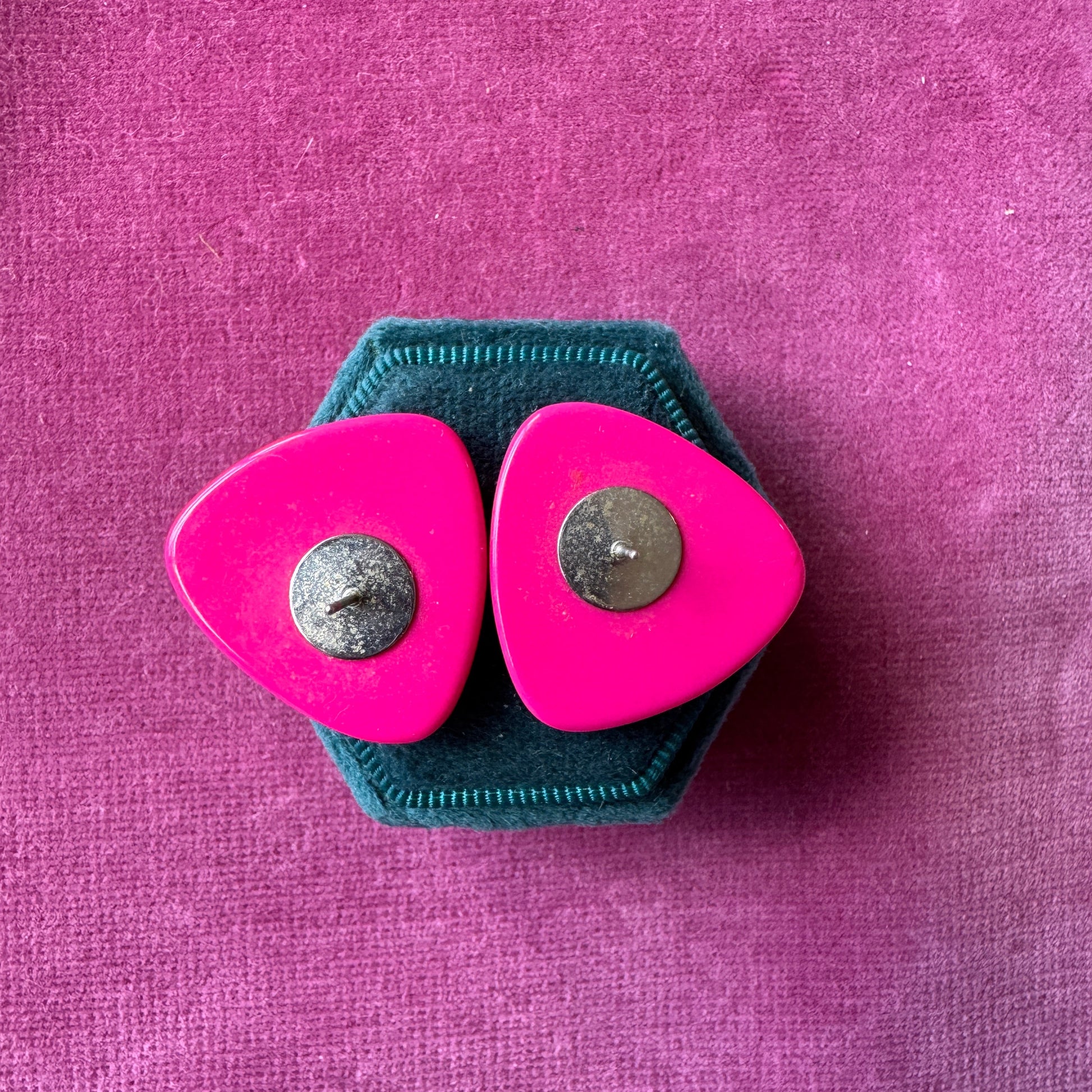 Oversized vintage enamel hot pink stud earrings