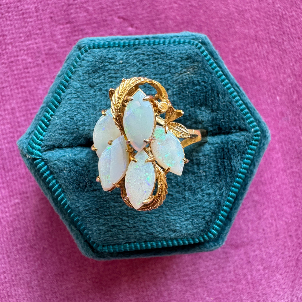 Iridescent vintage gold plated opal ring