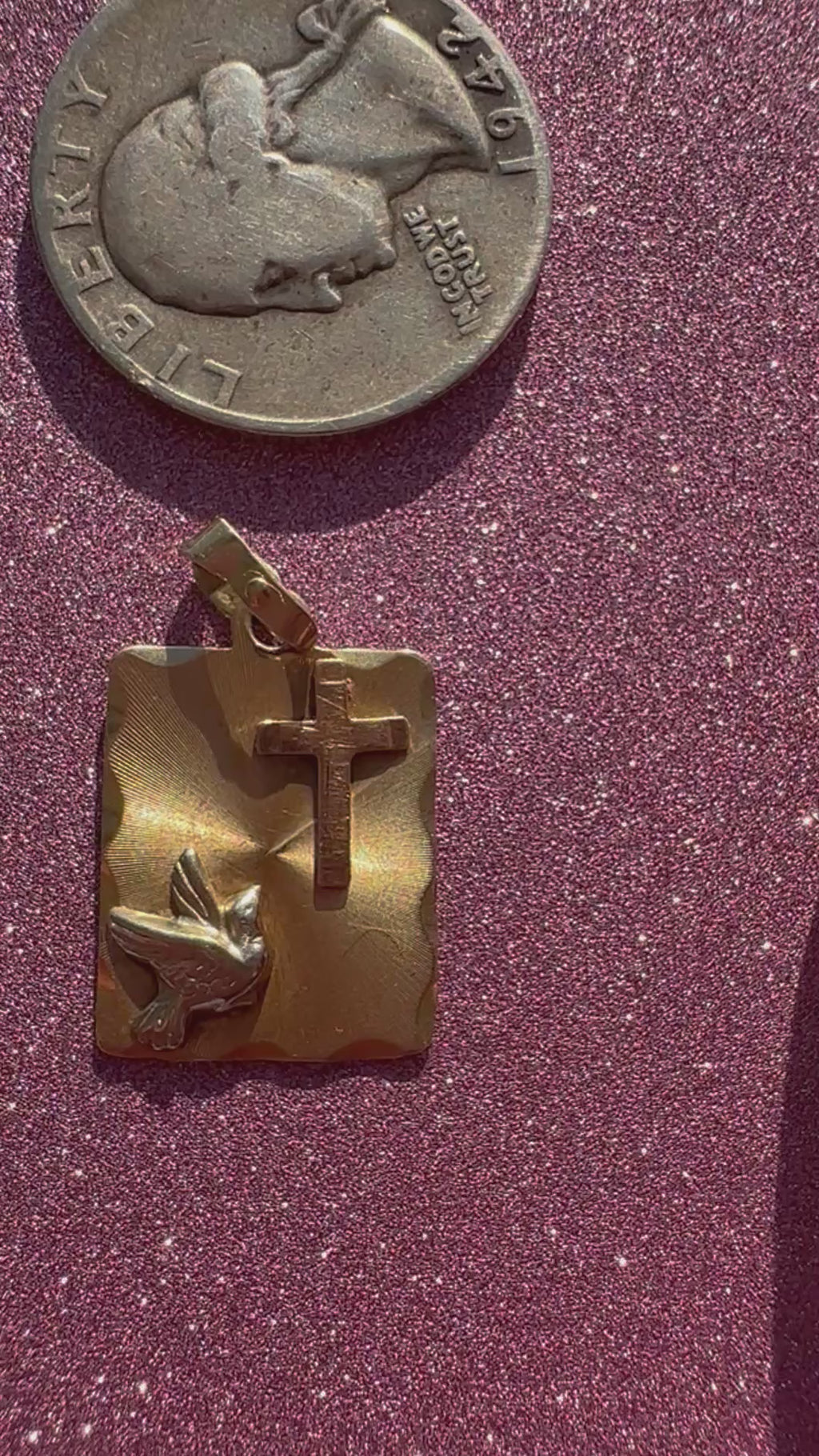 engine turned peace dove + cross charm