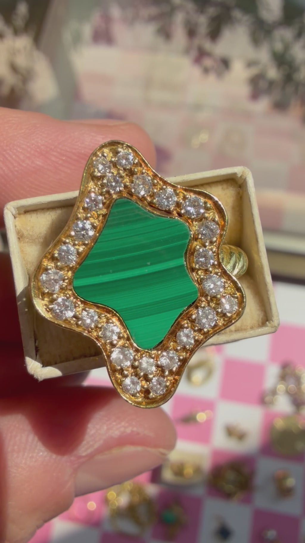 malachite + diamond blob ring