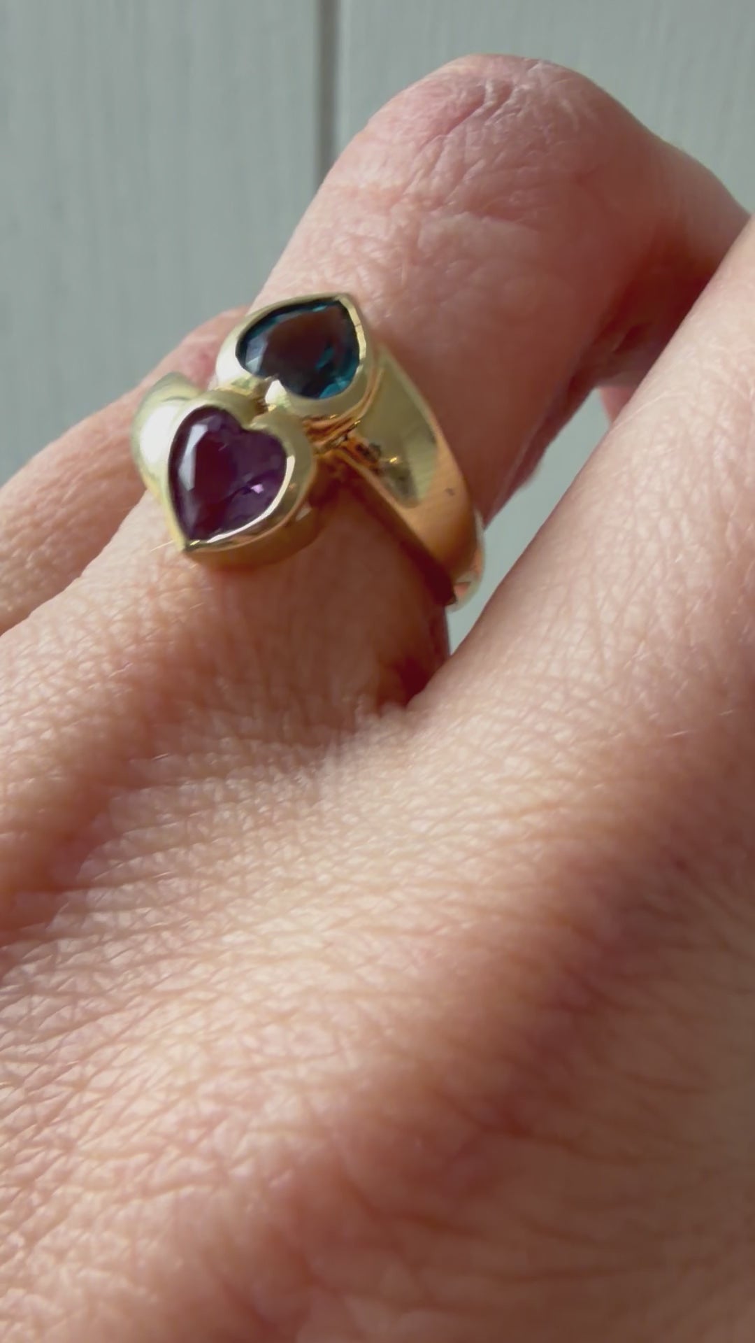 London blue topaz and amethyst double heart ring