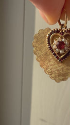 vintage florentine finish garnet and seed pearl heart