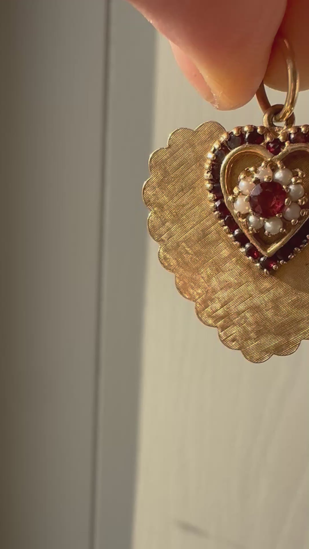 vintage florentine finish garnet and seed pearl heart