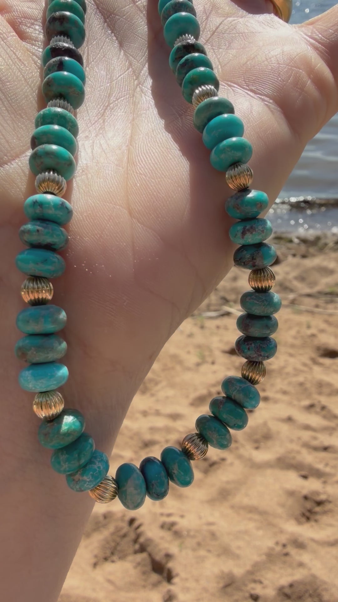 hand strung natural turquoise and vintage gold beads