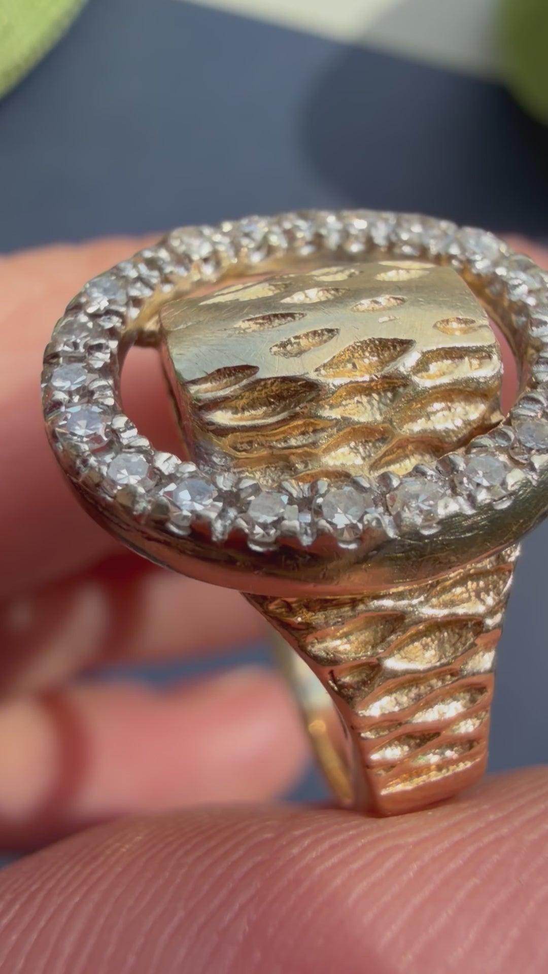 diamond oval and gold textured ring