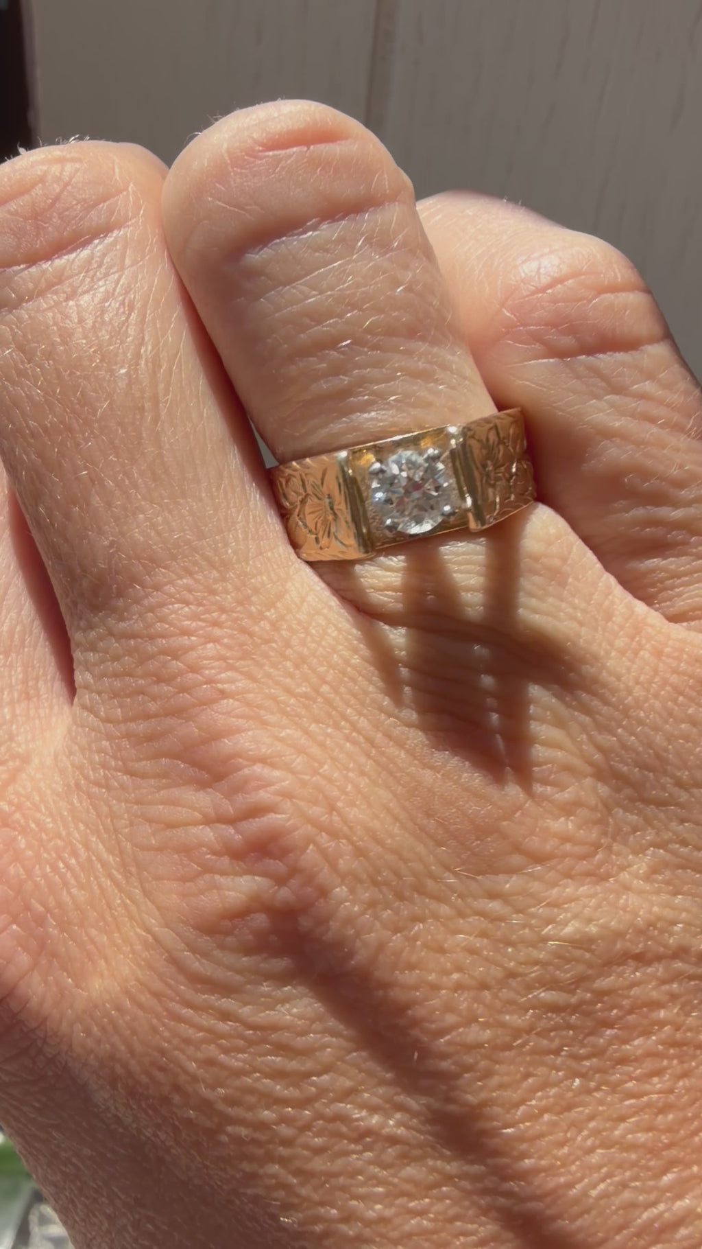 hand engraved floral cathedral style OEC diamond ring