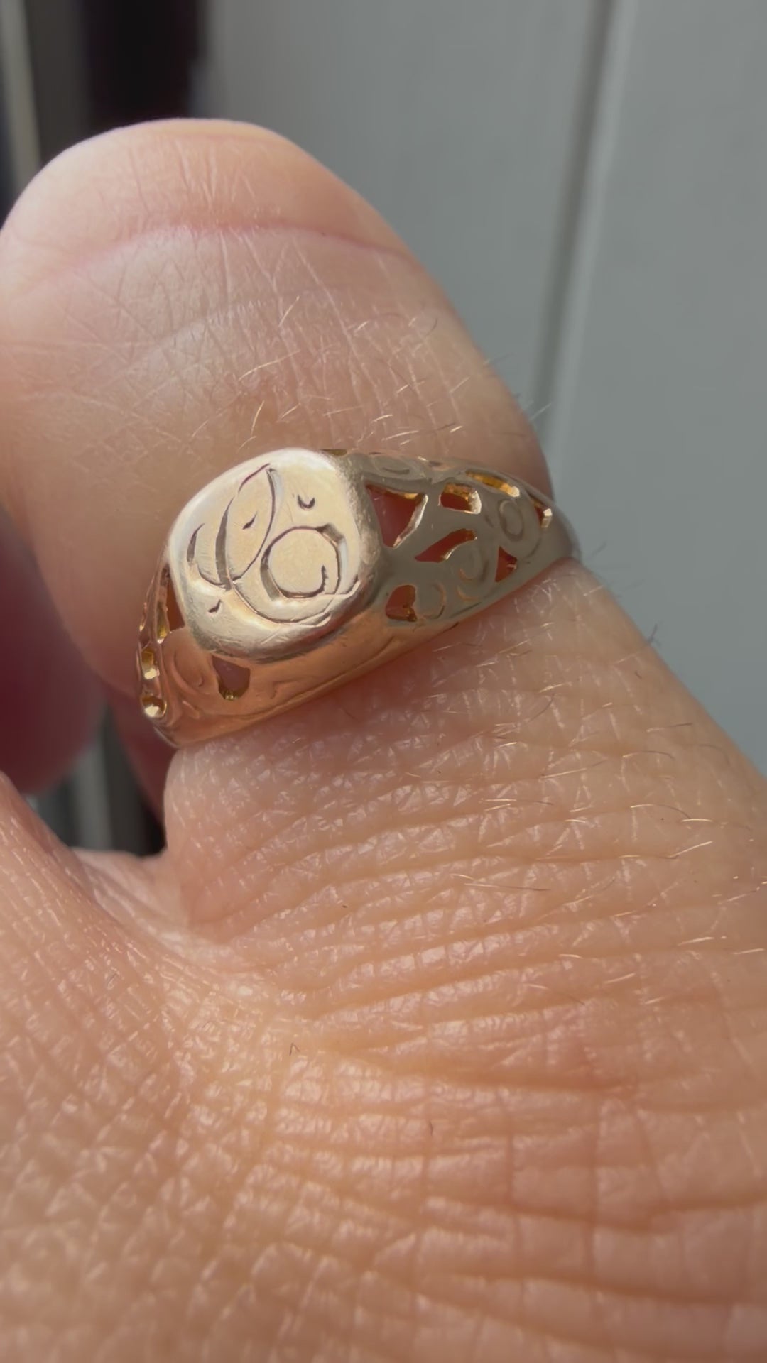 pinky signet with open work and letter C