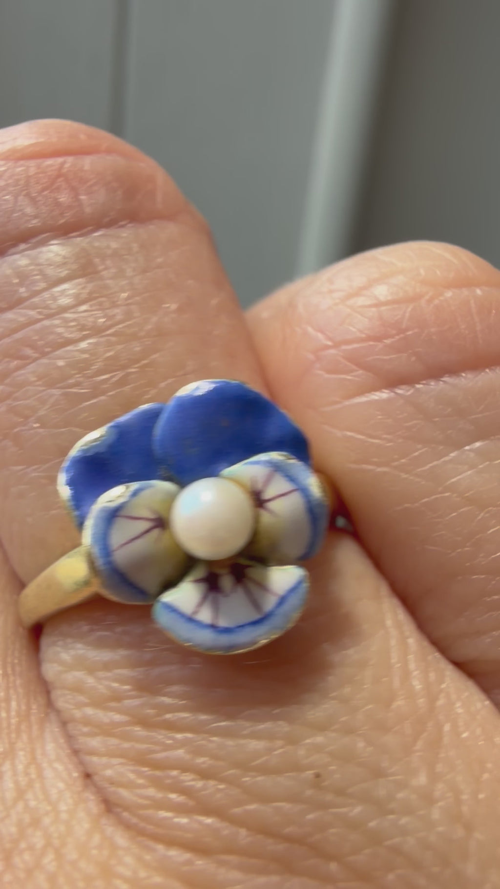 blue enamel pansy and pearl ring