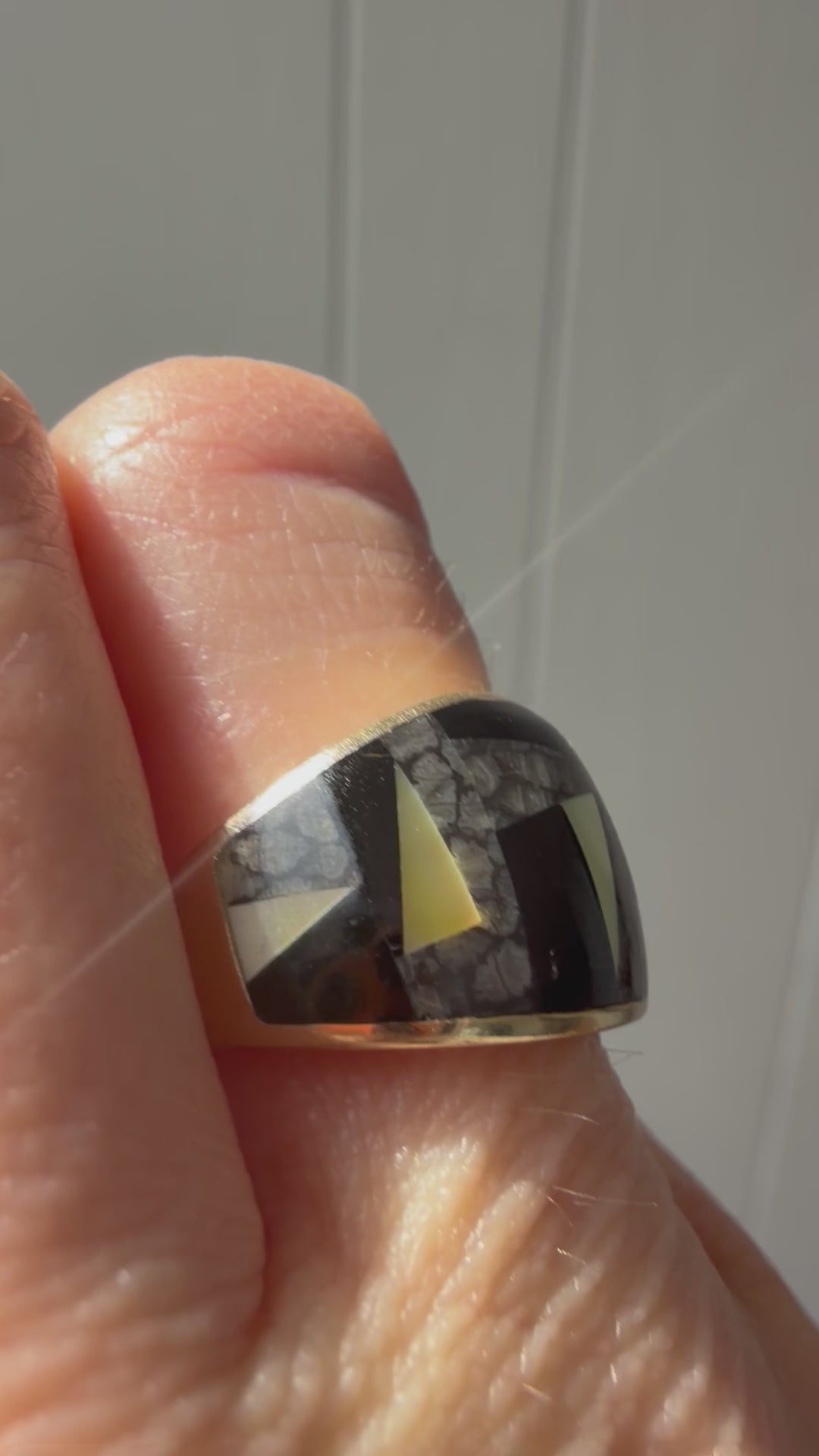 onyx, mother of pearl and snowflake obsidian inlay ring