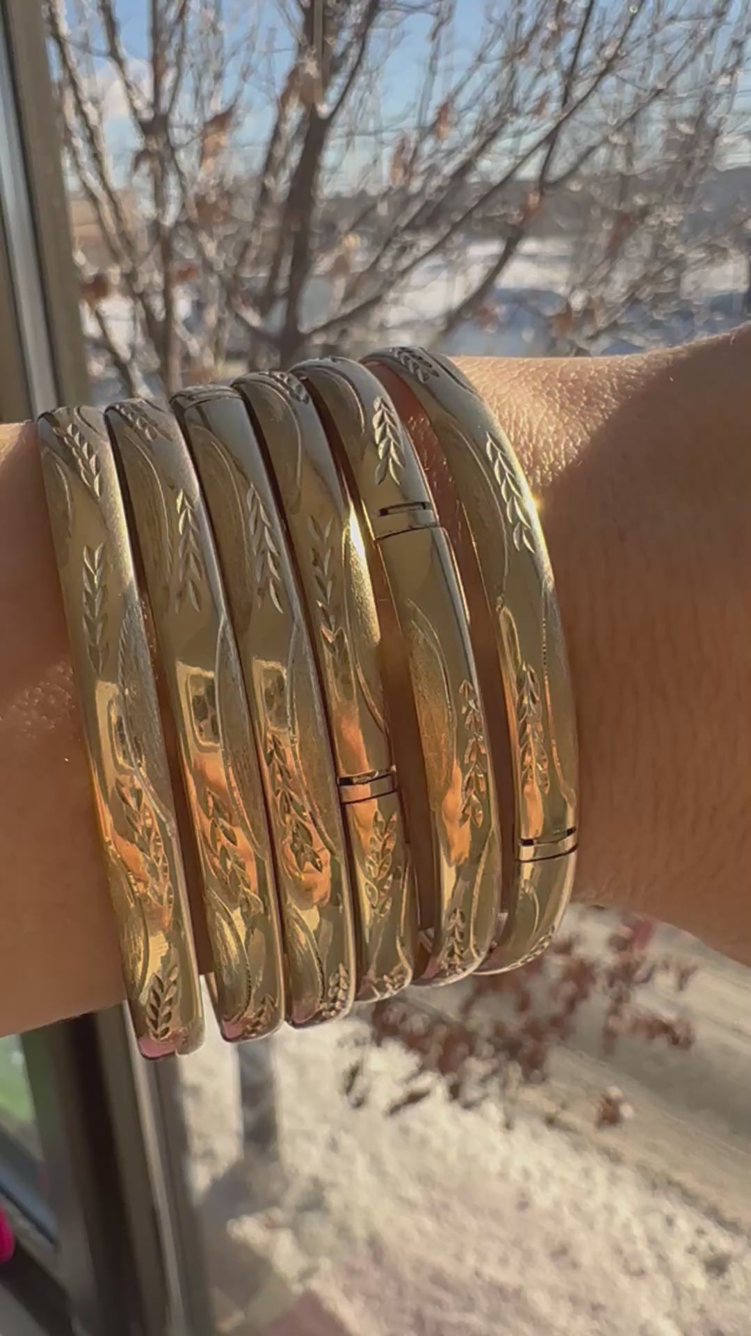 leaf etched 10k gold bangles