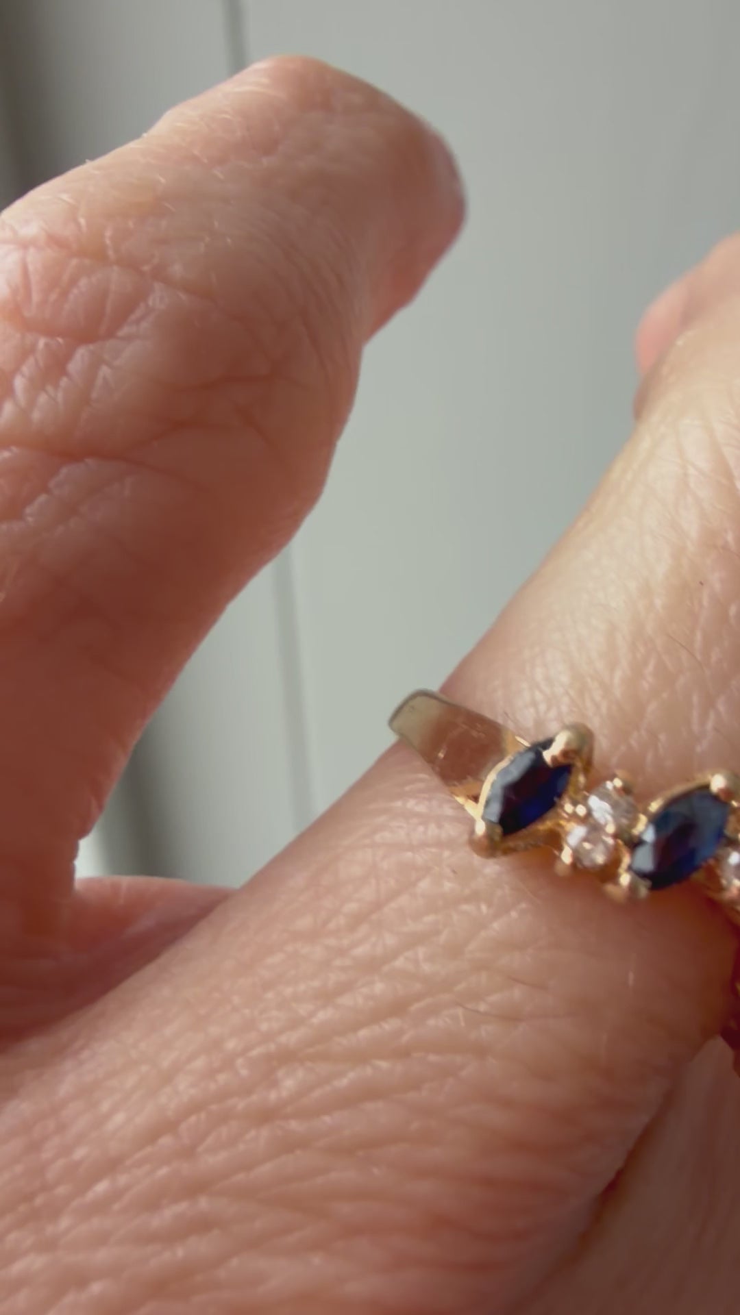 V shaped diamond and sapphire ring