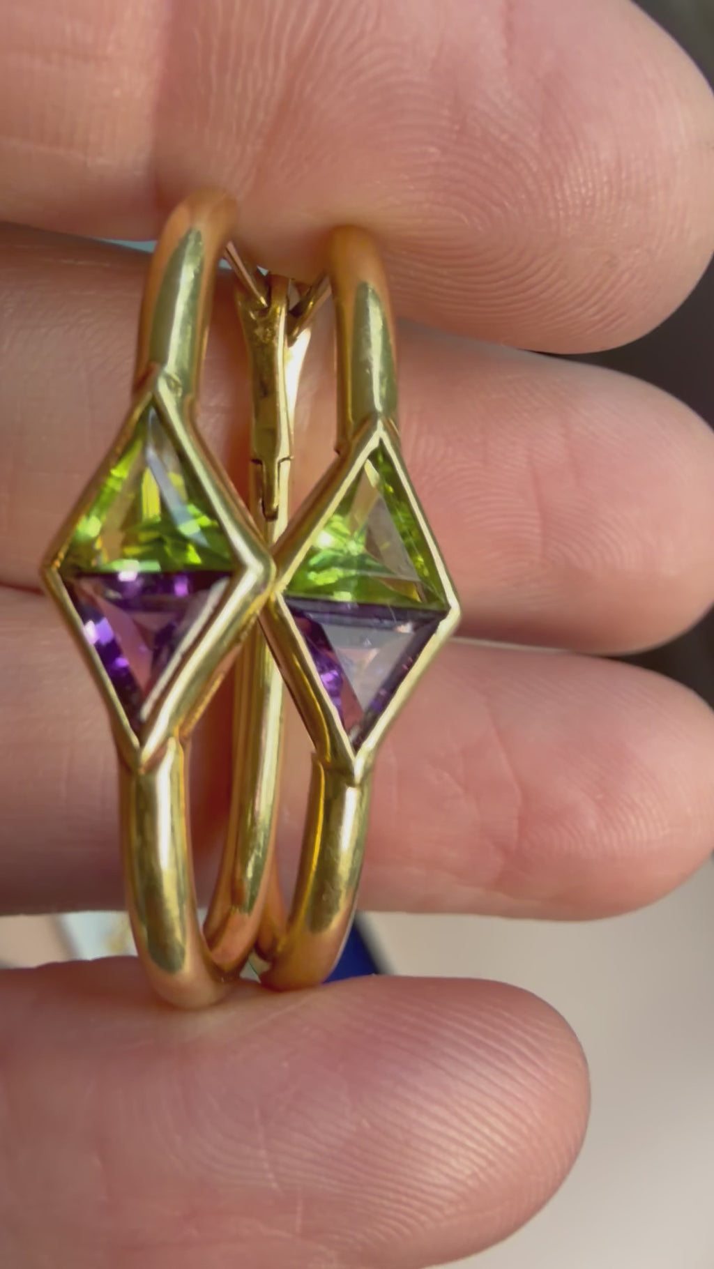 amethyst and peridot 18k gold oval hoop